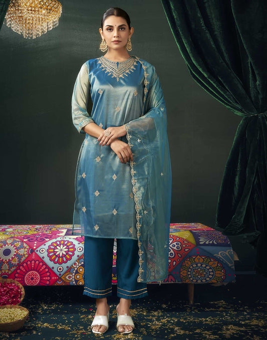 Net Sequins, Embroidery and Embroidery Lace Straight Kurta with Pant & Dupatta