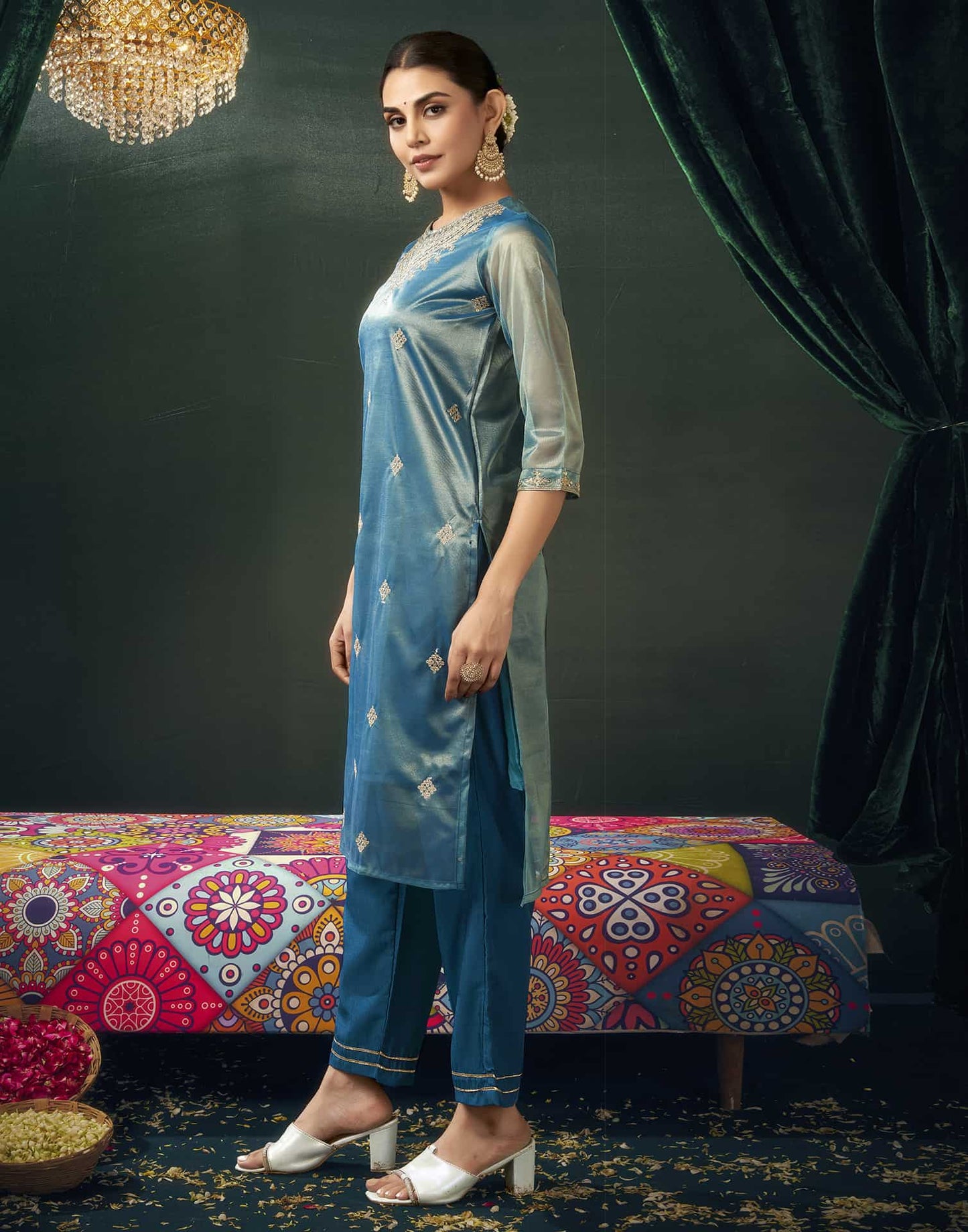Net Sequins, Embroidery and Embroidery Lace Straight Kurta with Pant & Dupatta