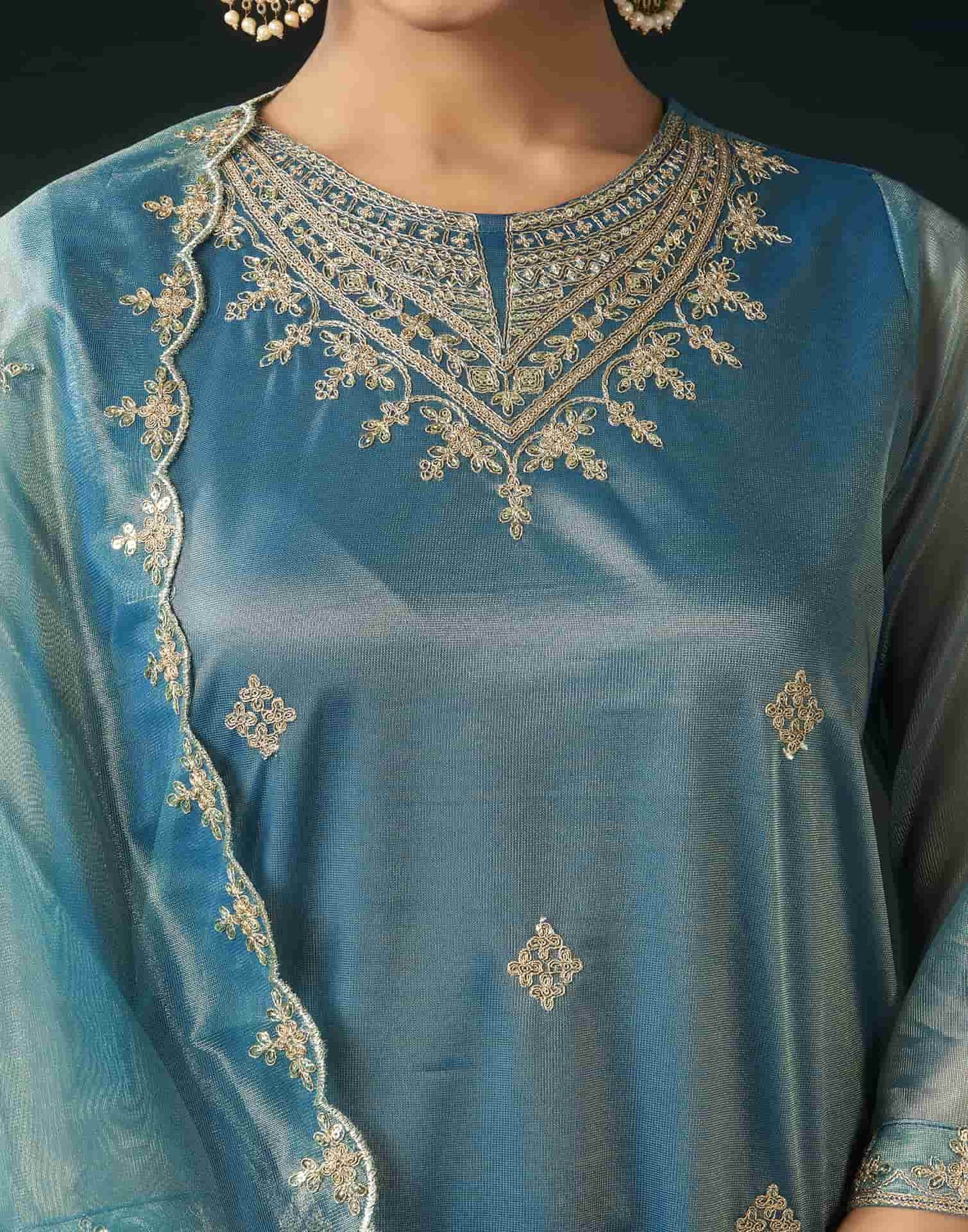 Net Sequins, Embroidery and Embroidery Lace Straight Kurta with Pant & Dupatta