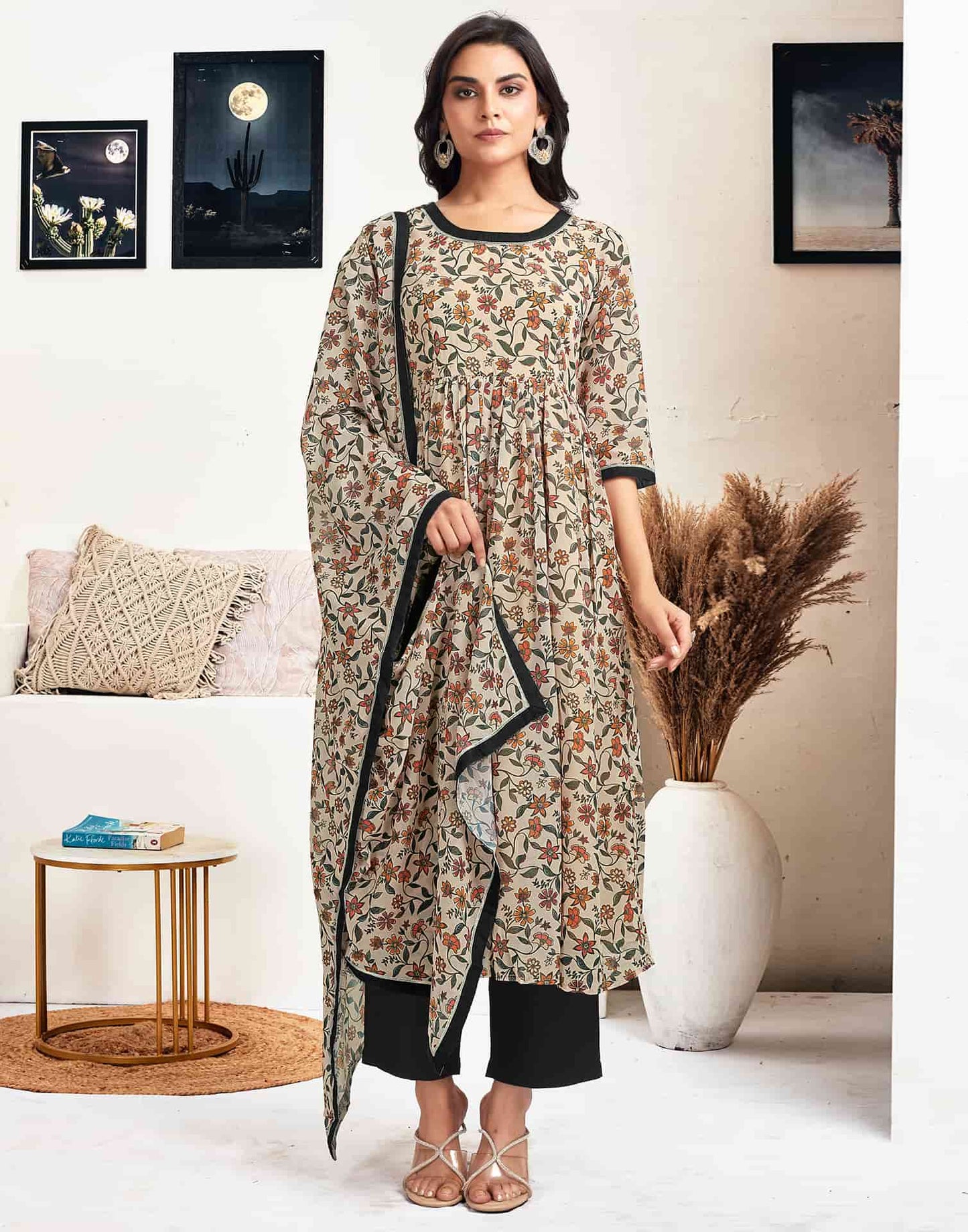 Georgette Printed Flared Kurta with Pant & Dupatta