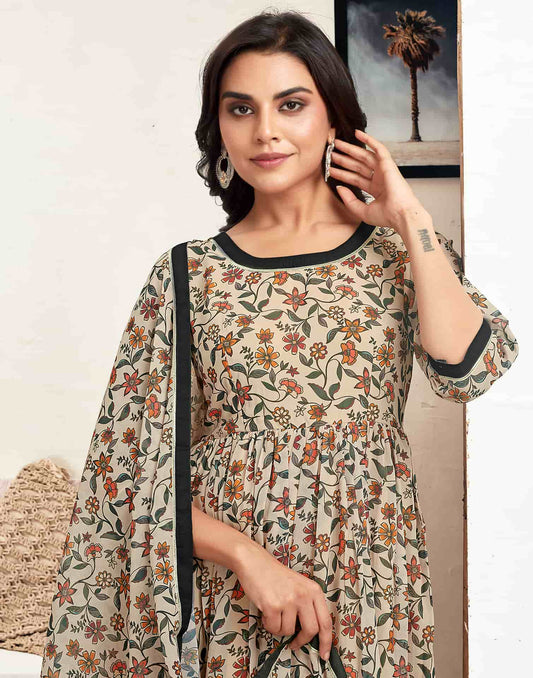 Georgette Printed Flared Kurta with Pant & Dupatta