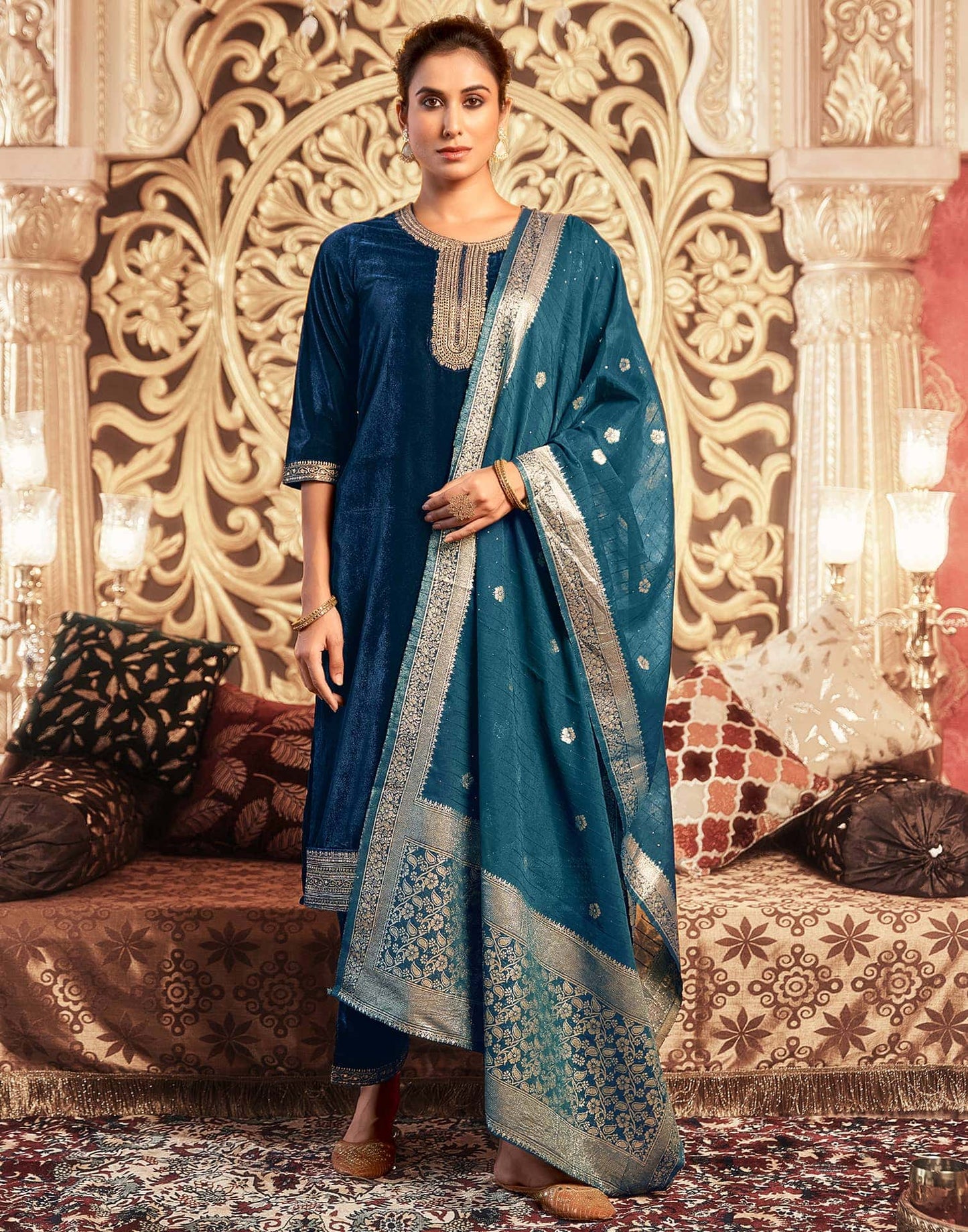 Velvet Dyed, Sequins, Embroidery and Lace Straight Kurta with Pant & Dupatta