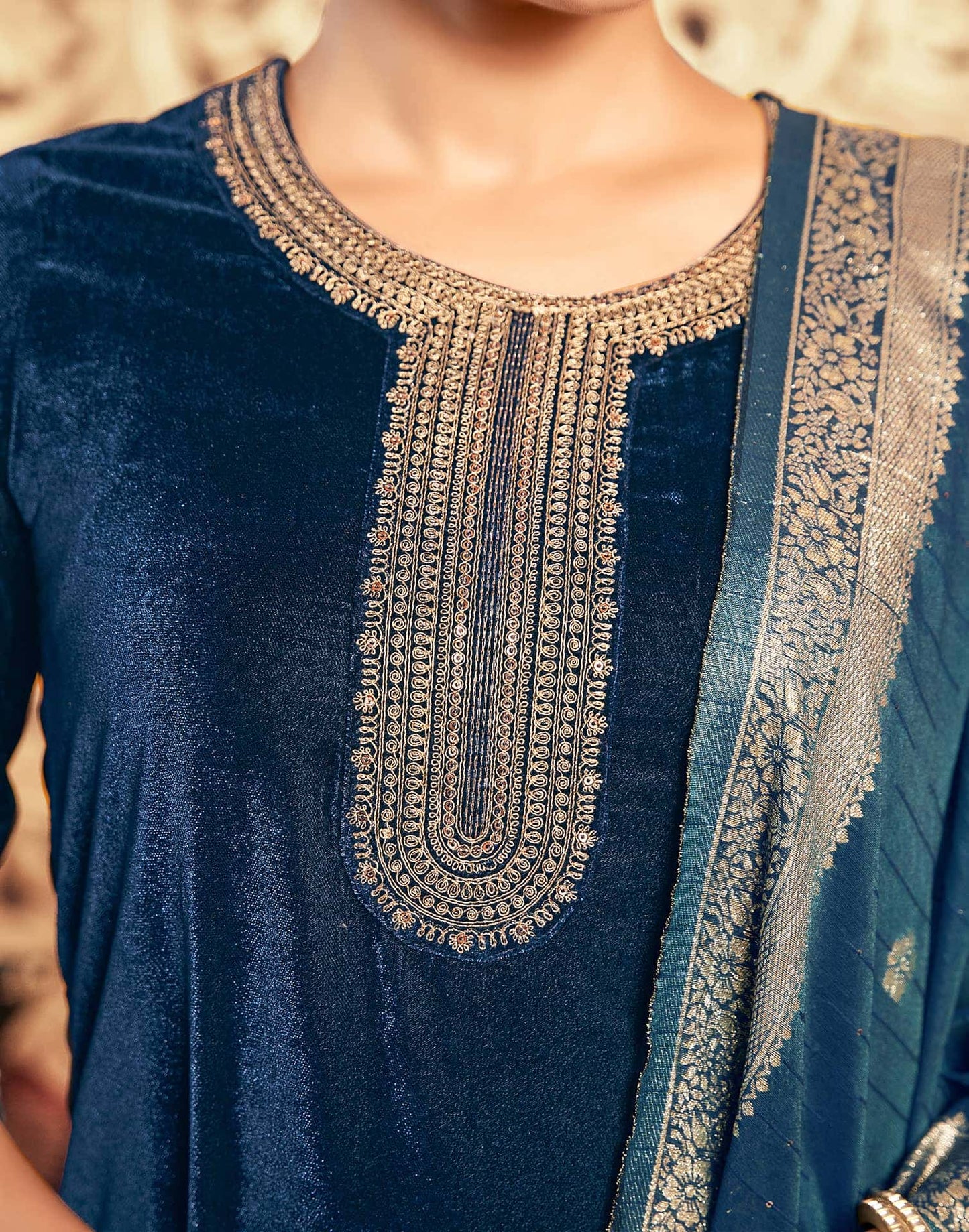 Velvet Dyed, Sequins, Embroidery and Lace Straight Kurta with Pant & Dupatta