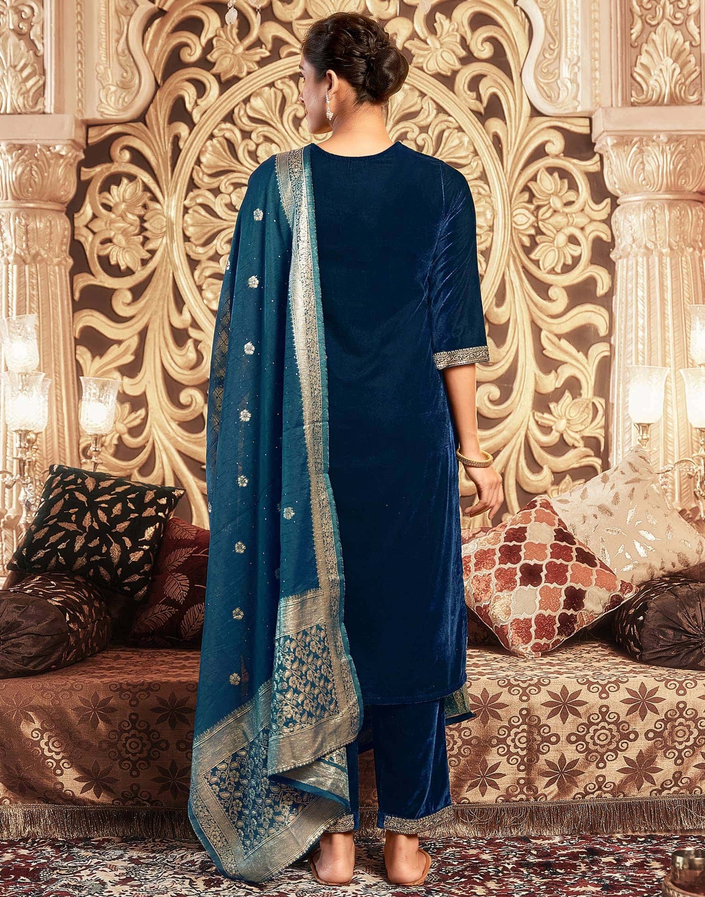 Affordable Rama Blue velvet round neck kurti set with dupatta