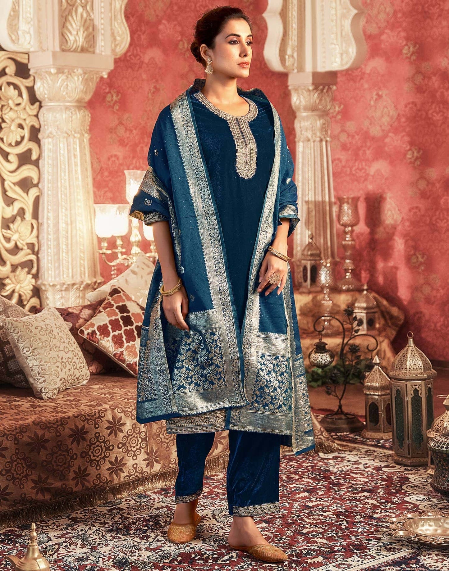 Velvet Dyed, Sequins, Embroidery and Lace Straight Kurta with Pant & Dupatta