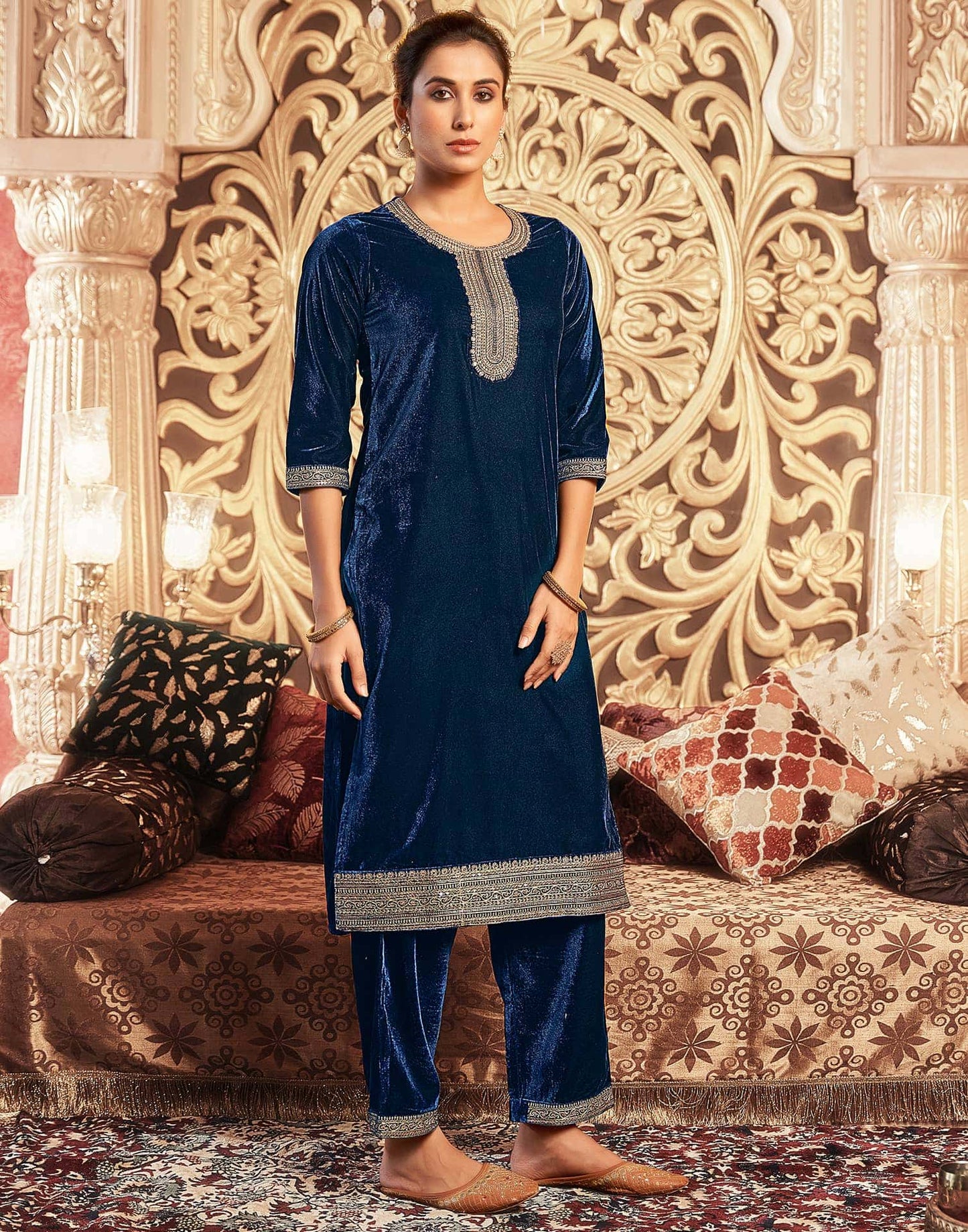 Velvet Dyed, Sequins, Embroidery and Lace Straight Kurta with Pant & Dupatta