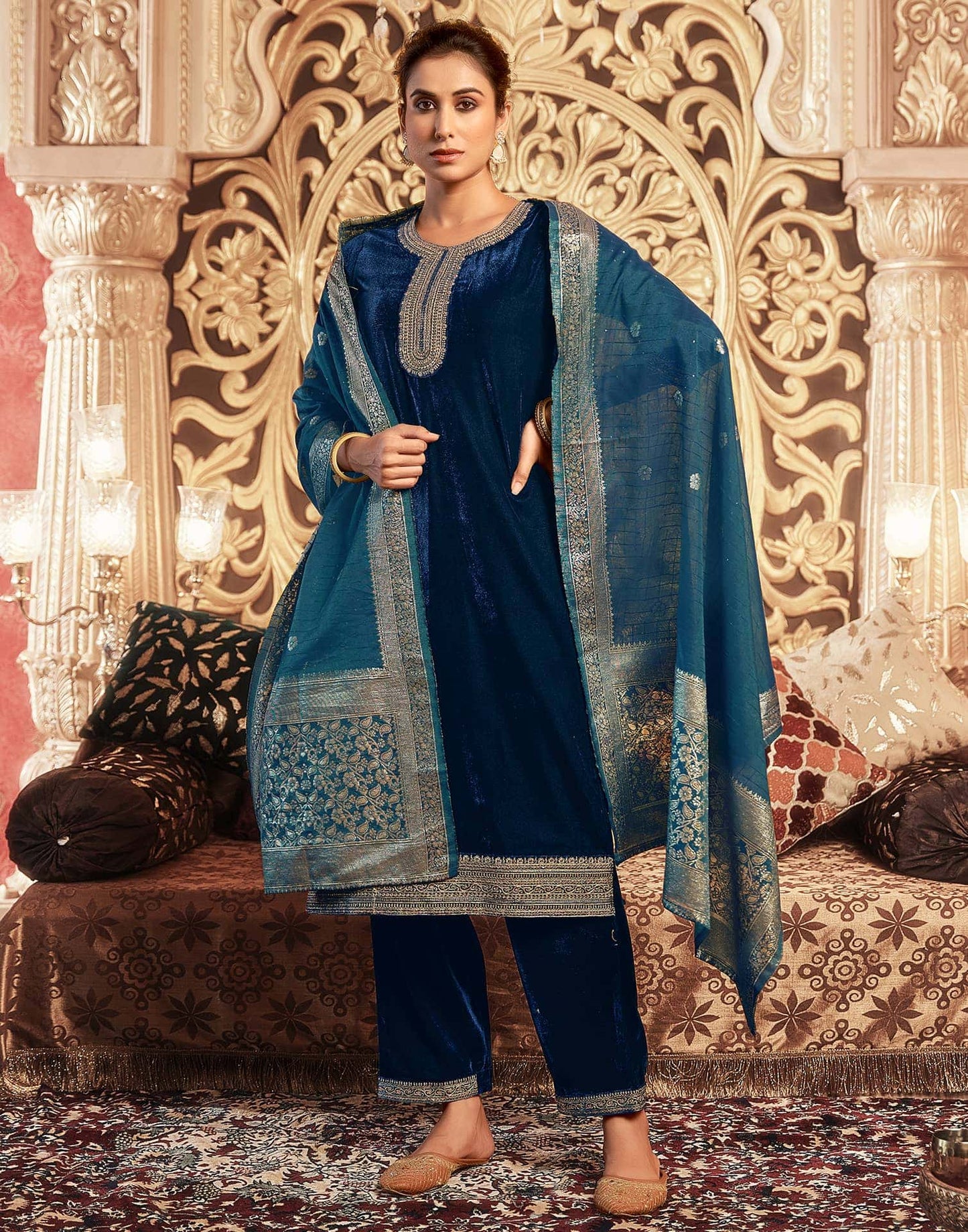 Velvet Dyed, Sequins, Embroidery and Lace Straight Kurta with Pant & Dupatta