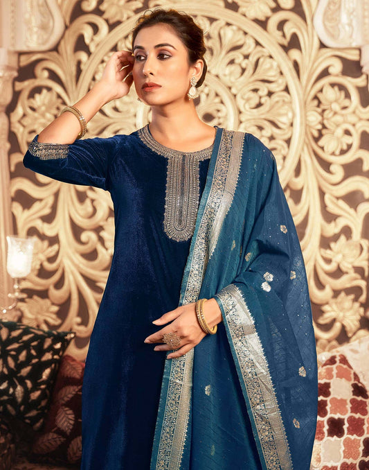 Affordable Rama Blue velvet round neck kurti set with dupatta