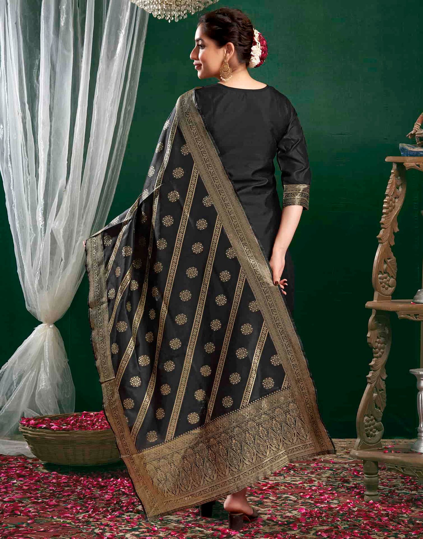 Silk Blend Jacquard Work Straight Kurta with Pant & Dupatta