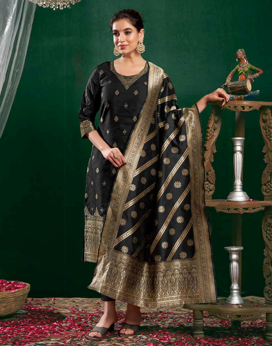 Silk Blend Jacquard Work Straight Kurta with Pant & Dupatta
