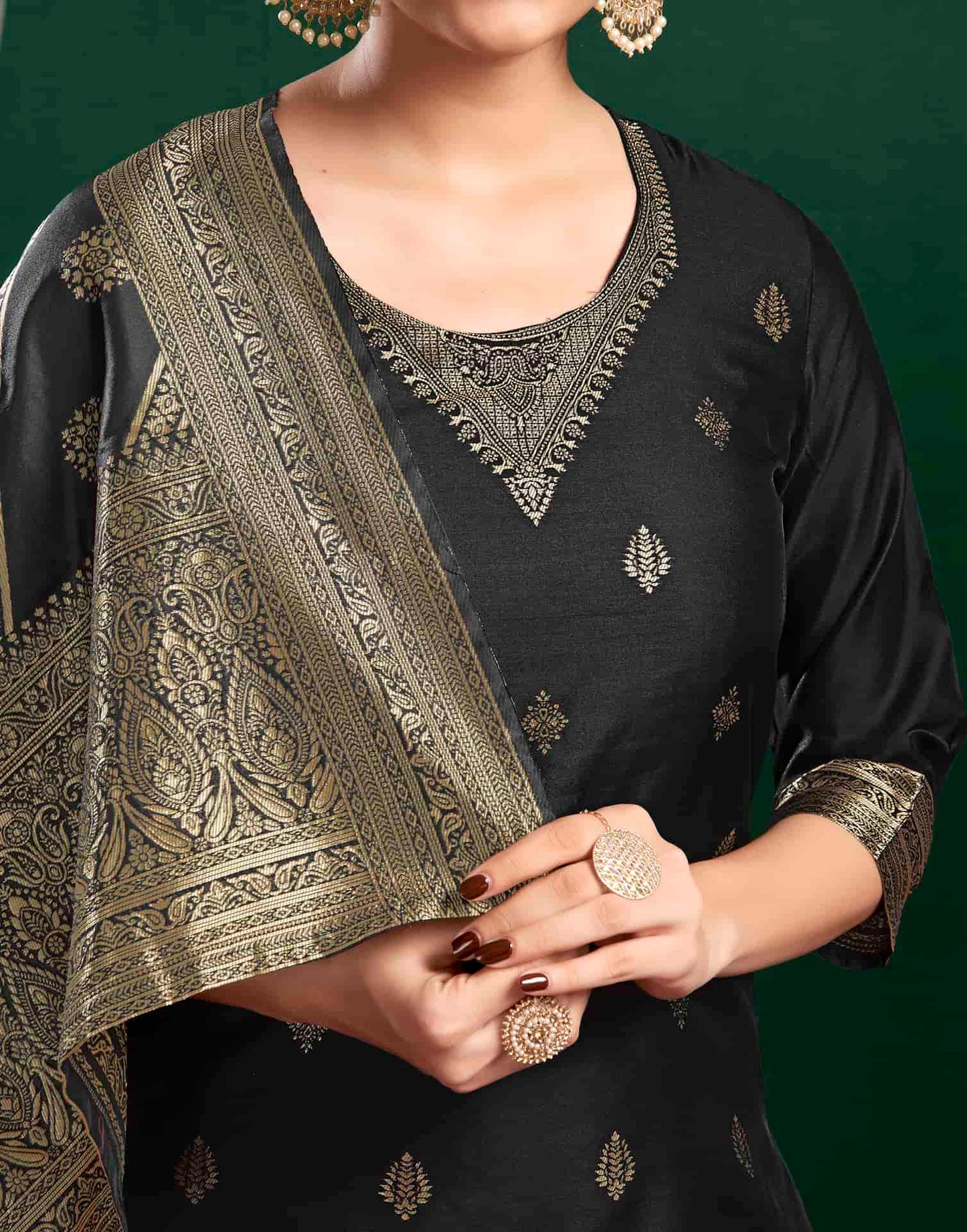 Silk Blend Jacquard Work Straight Kurta with Pant & Dupatta