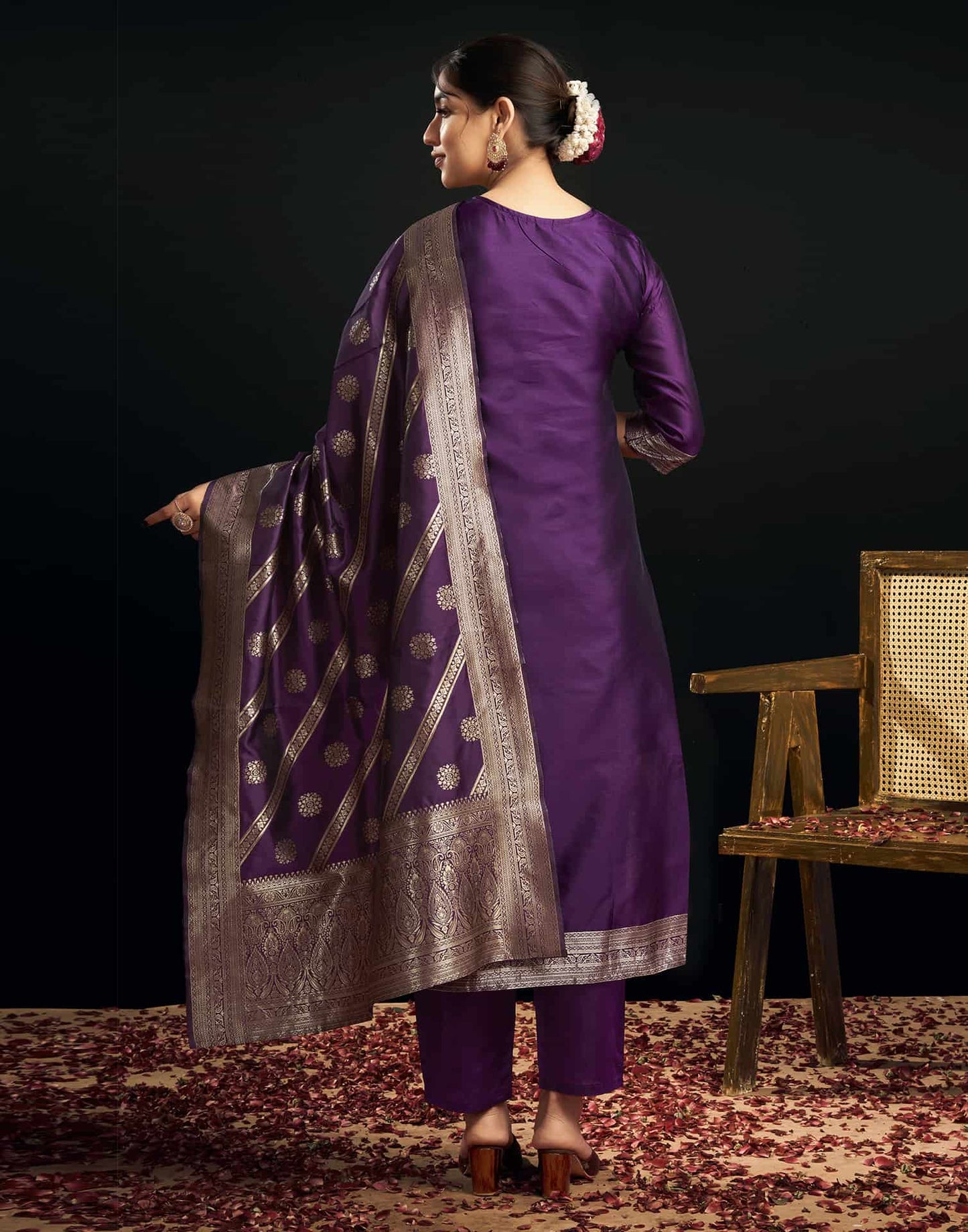 Silk Blend Jacquard Work Straight Kurta with Pant & Dupatta
