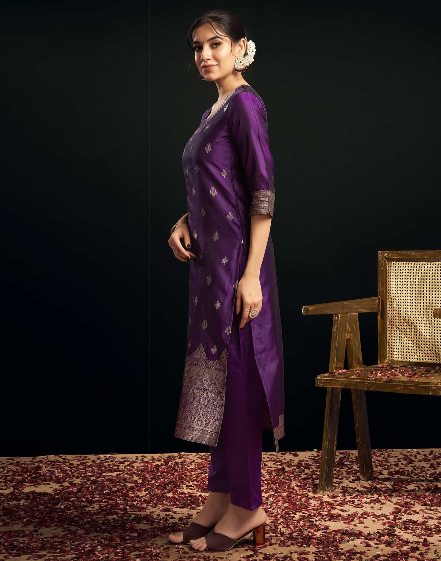 Silk Blend Jacquard Work Straight Kurta with Pant & Dupatta