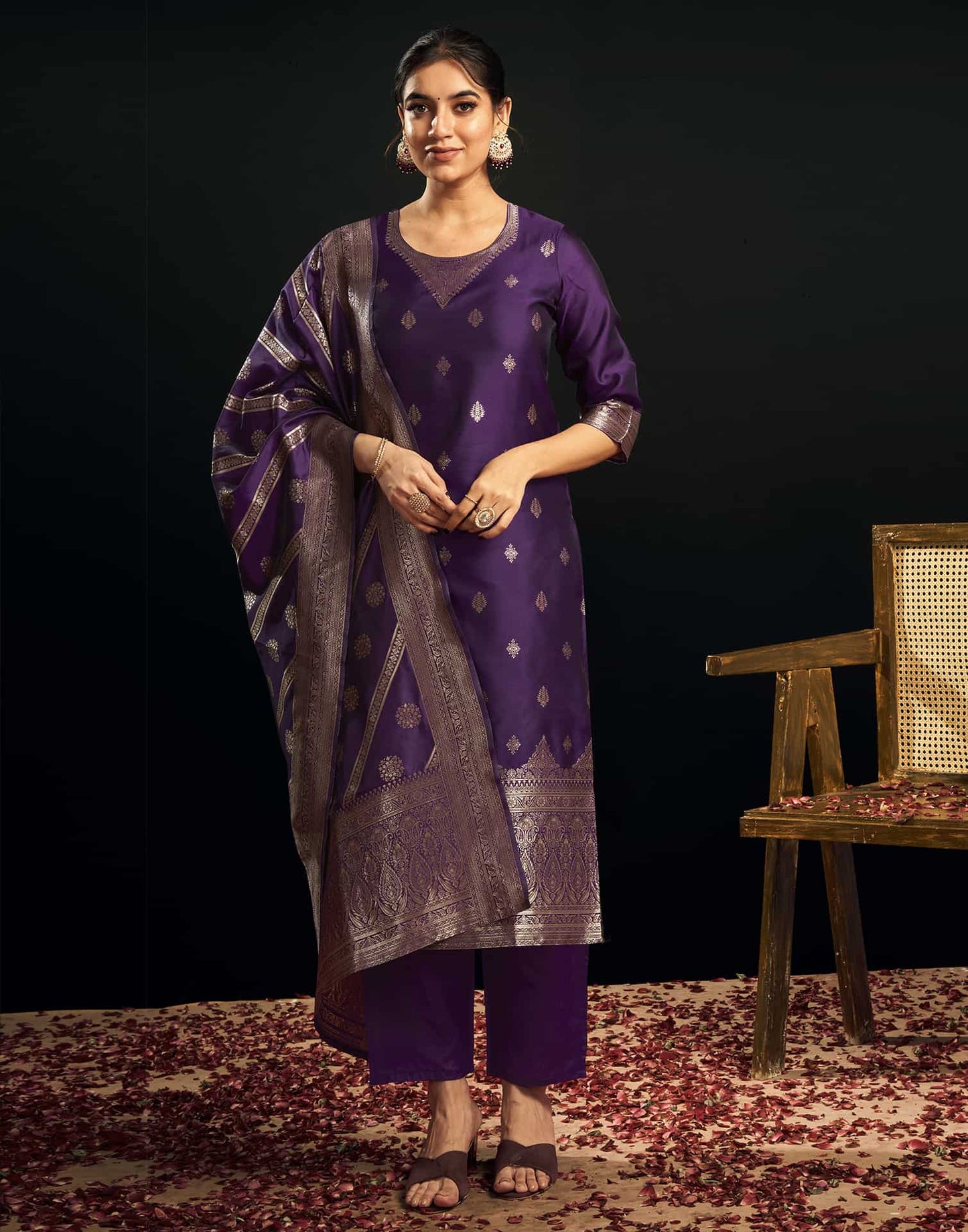 Silk Blend Jacquard Work Straight Kurta with Pant & Dupatta