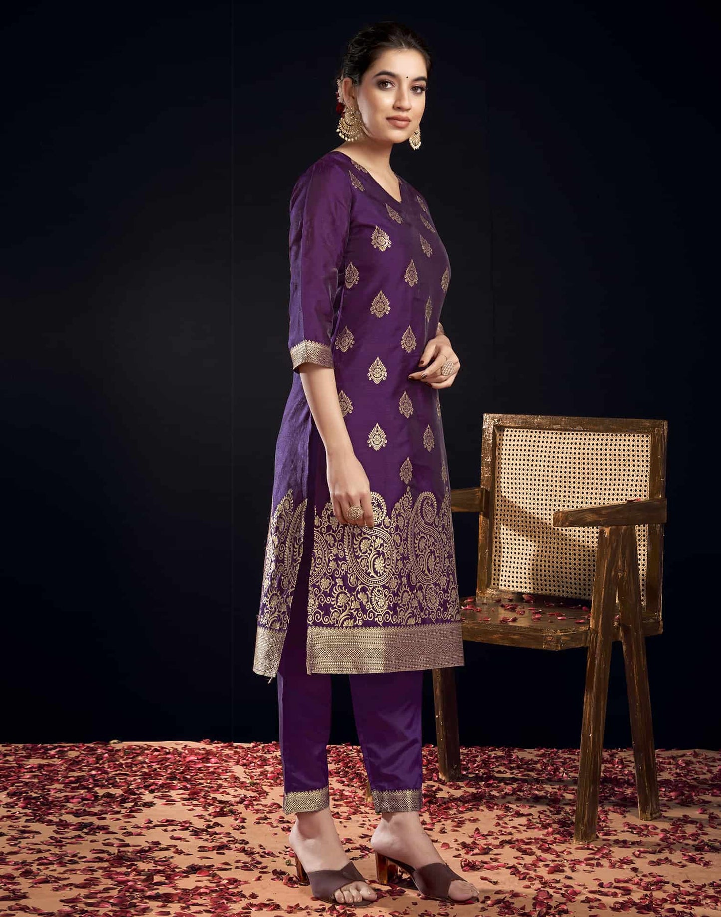 Silk Blend Jacquard Work Straight Kurta with Pant & Dupatta