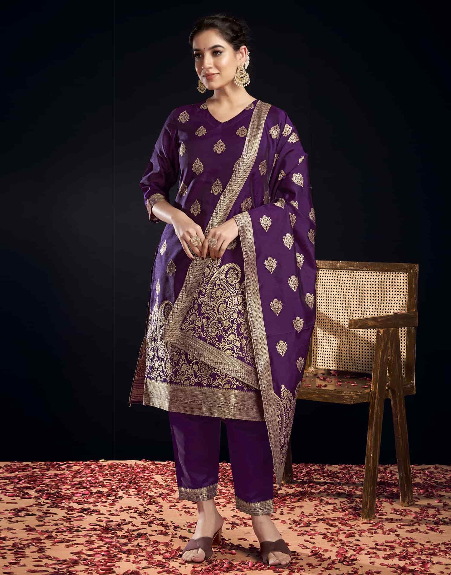 Silk Blend Jacquard Work Straight Kurta with Pant & Dupatta
