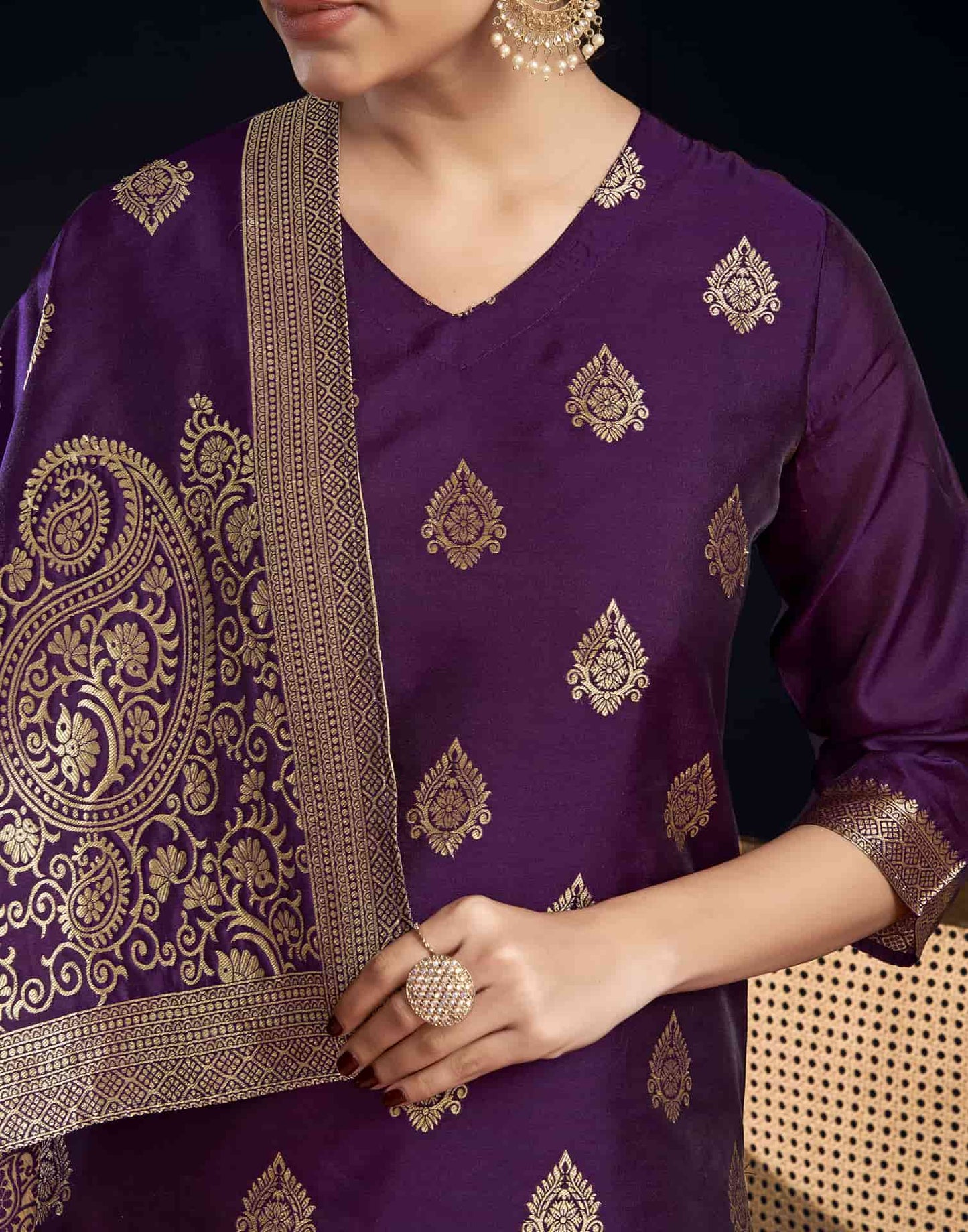 Silk Blend Jacquard Work Straight Kurta with Pant & Dupatta