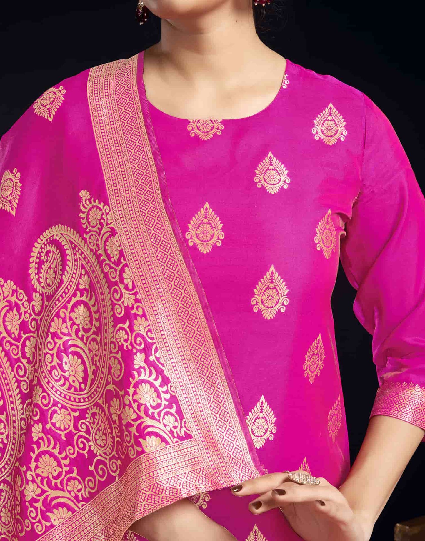 Silk Blend Jacquard Work Straight Kurta with Pant & Dupatta