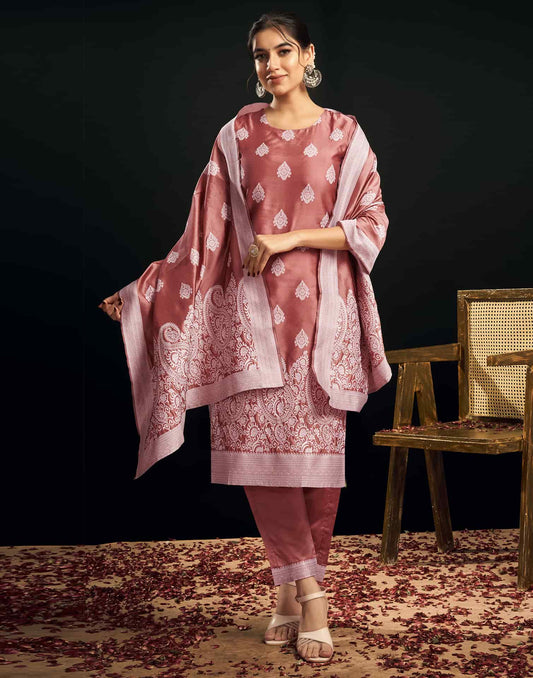 Silk Blend Jacquard Work Straight Kurta with Pant & Dupatta
