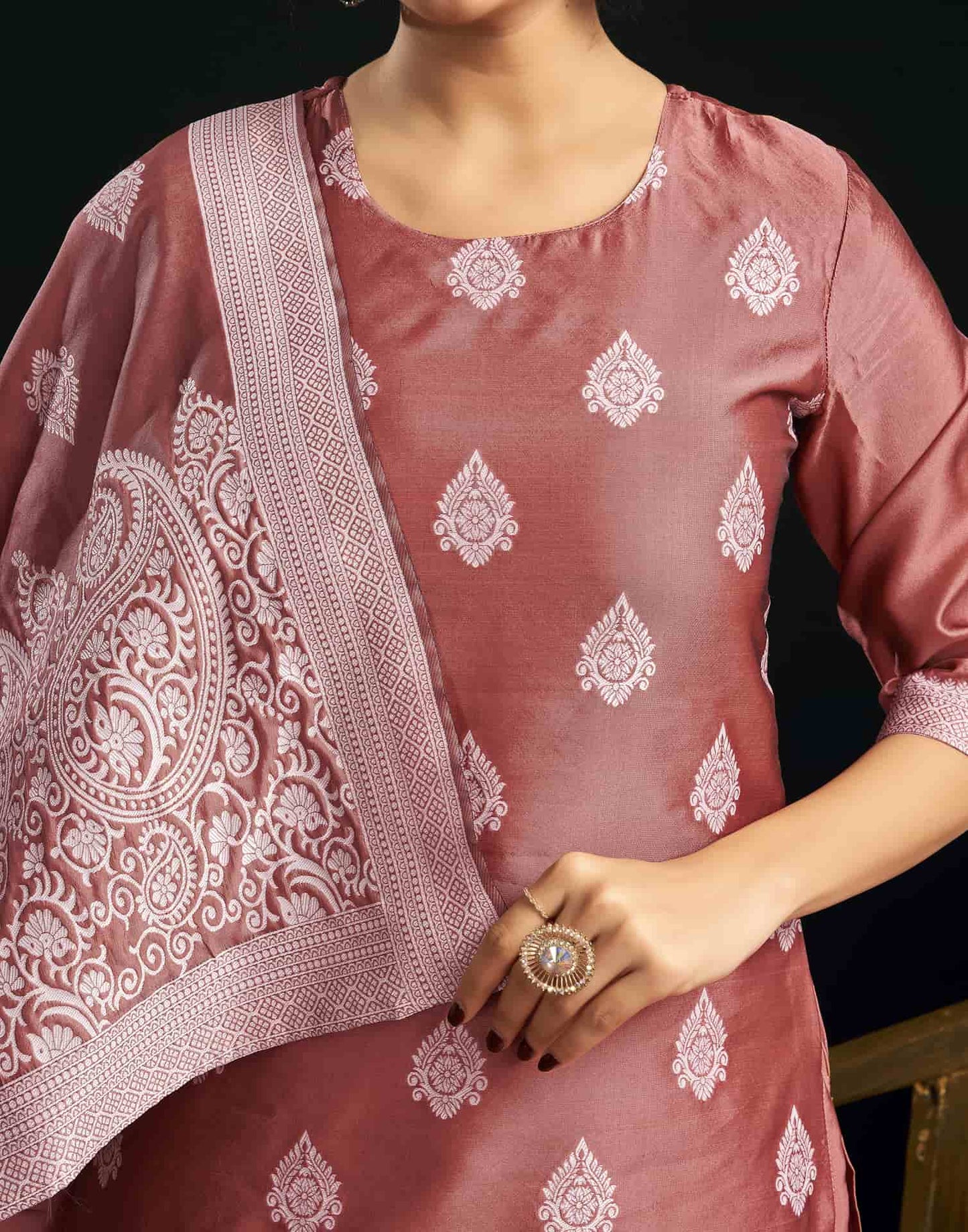 Silk Blend Jacquard Work Straight Kurta with Pant & Dupatta