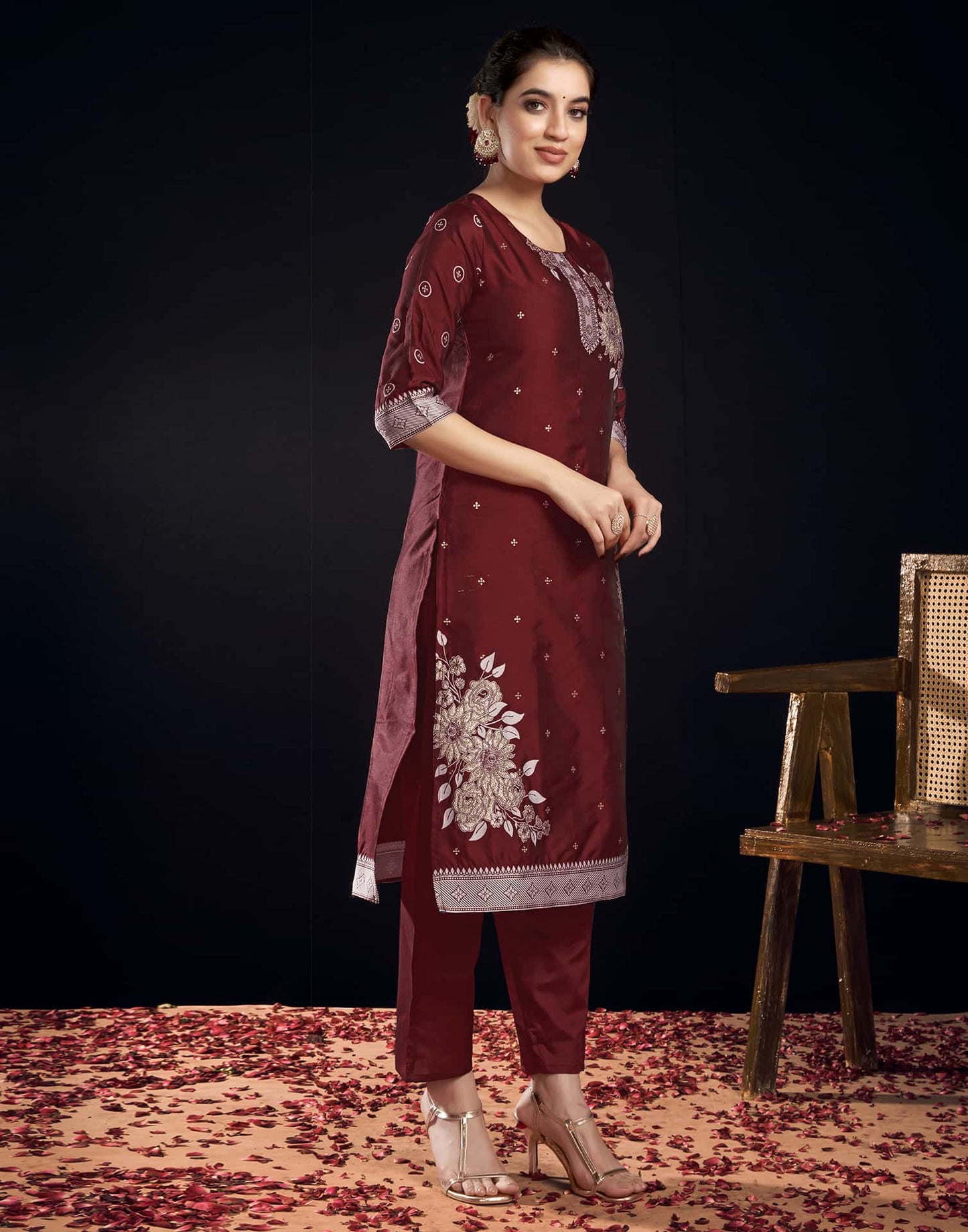 Silk Blend Jacquard Work Straight Kurta with Pant & Dupatta