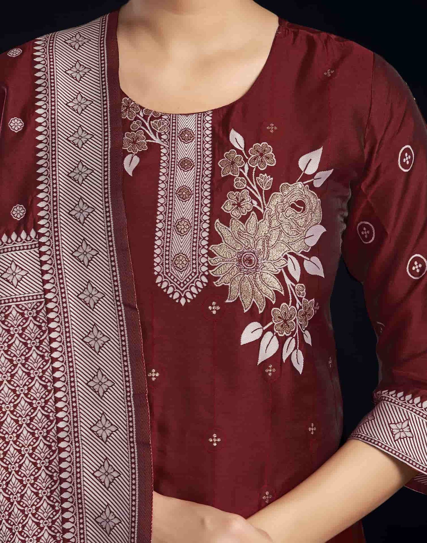 Silk Blend Jacquard Work Straight Kurta with Pant & Dupatta