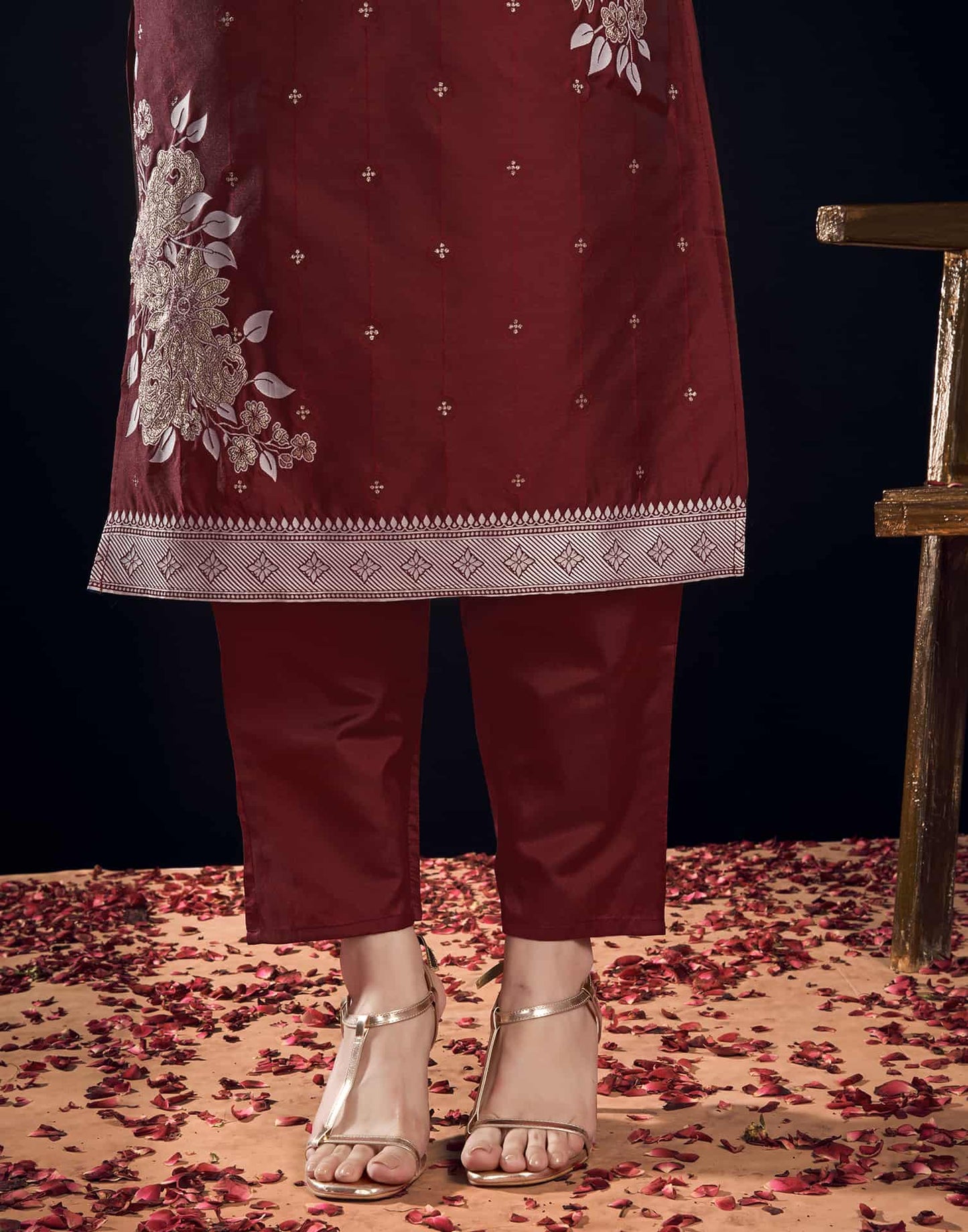 Silk Blend Jacquard Work Straight Kurta with Pant & Dupatta