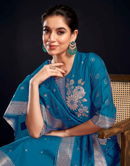 Silk Blend Jacquard Work Straight Kurta with Pant & Dupatta