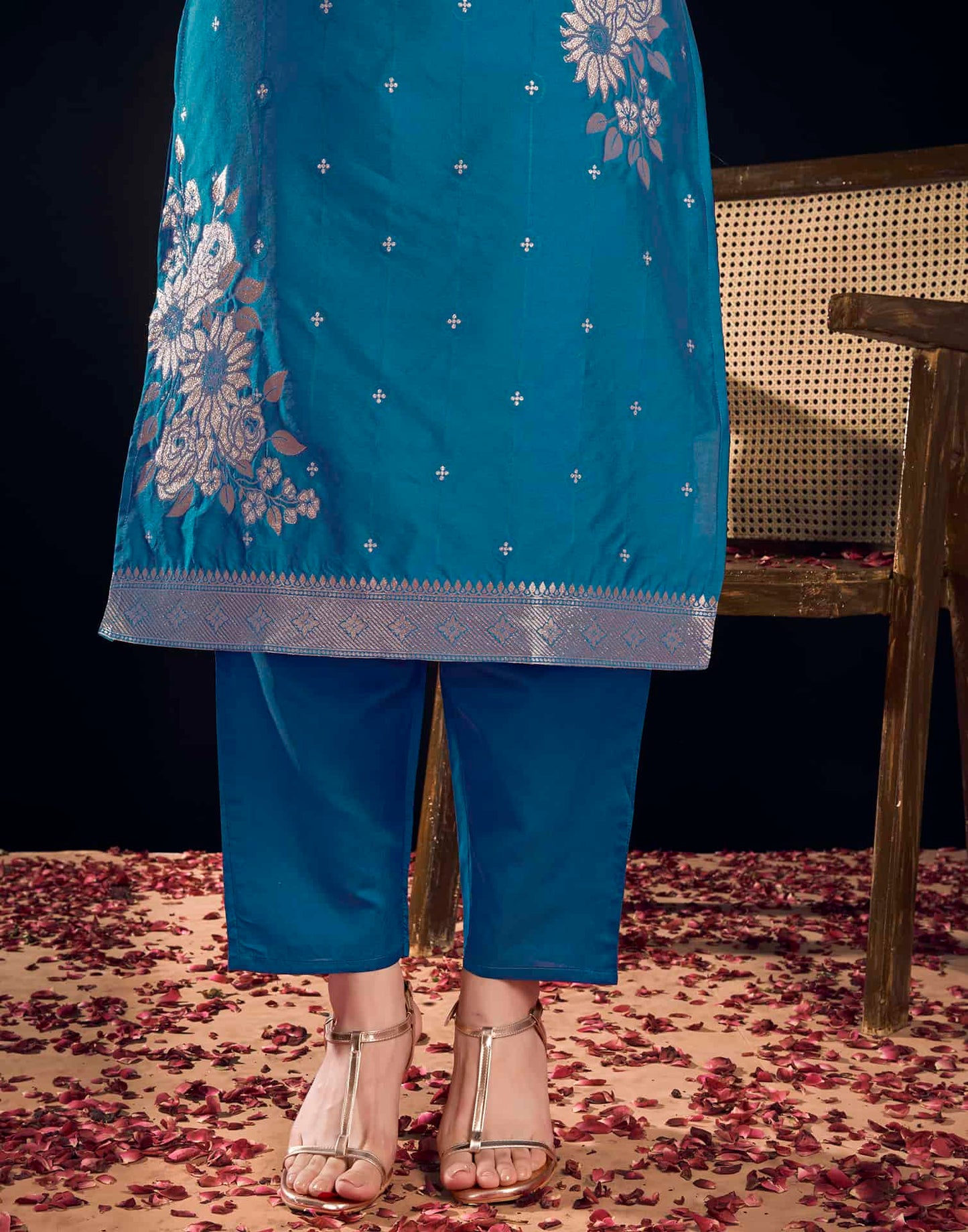 Silk Blend Jacquard Work Straight Kurta with Pant & Dupatta