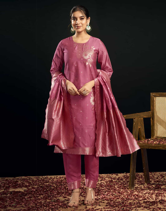 Silk Blend Jacquard Work Straight Kurta with Pant & Dupatta