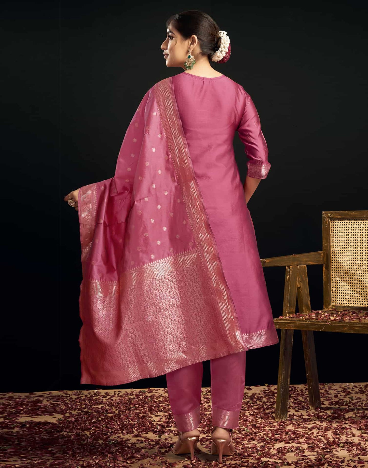 Silk Blend Jacquard Work Straight Kurta with Pant & Dupatta