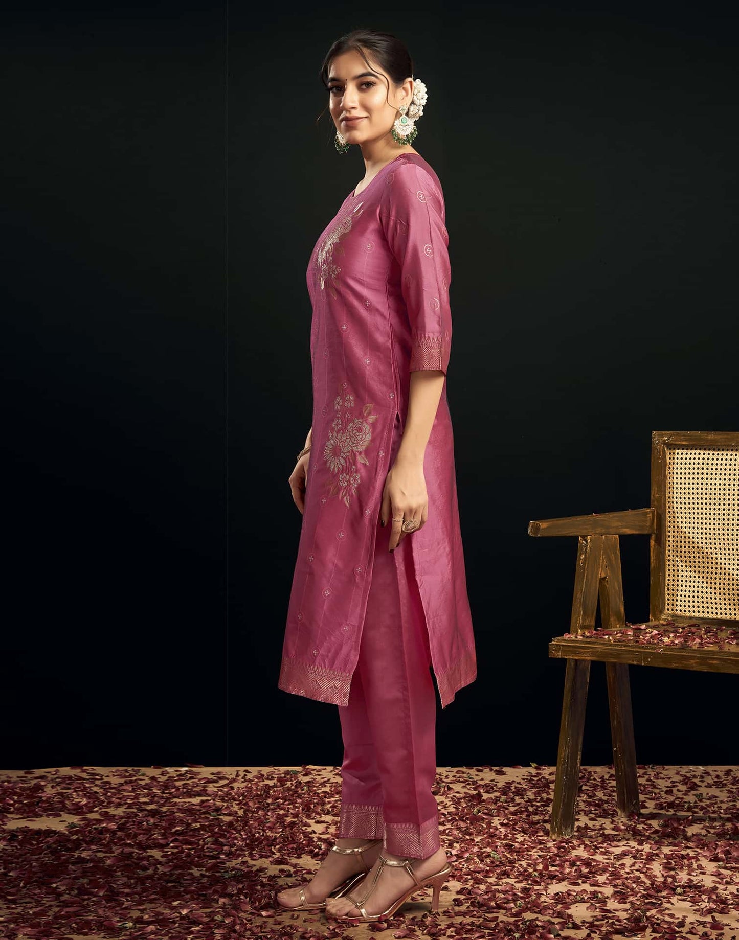 Silk Blend Jacquard Work Straight Kurta with Pant & Dupatta