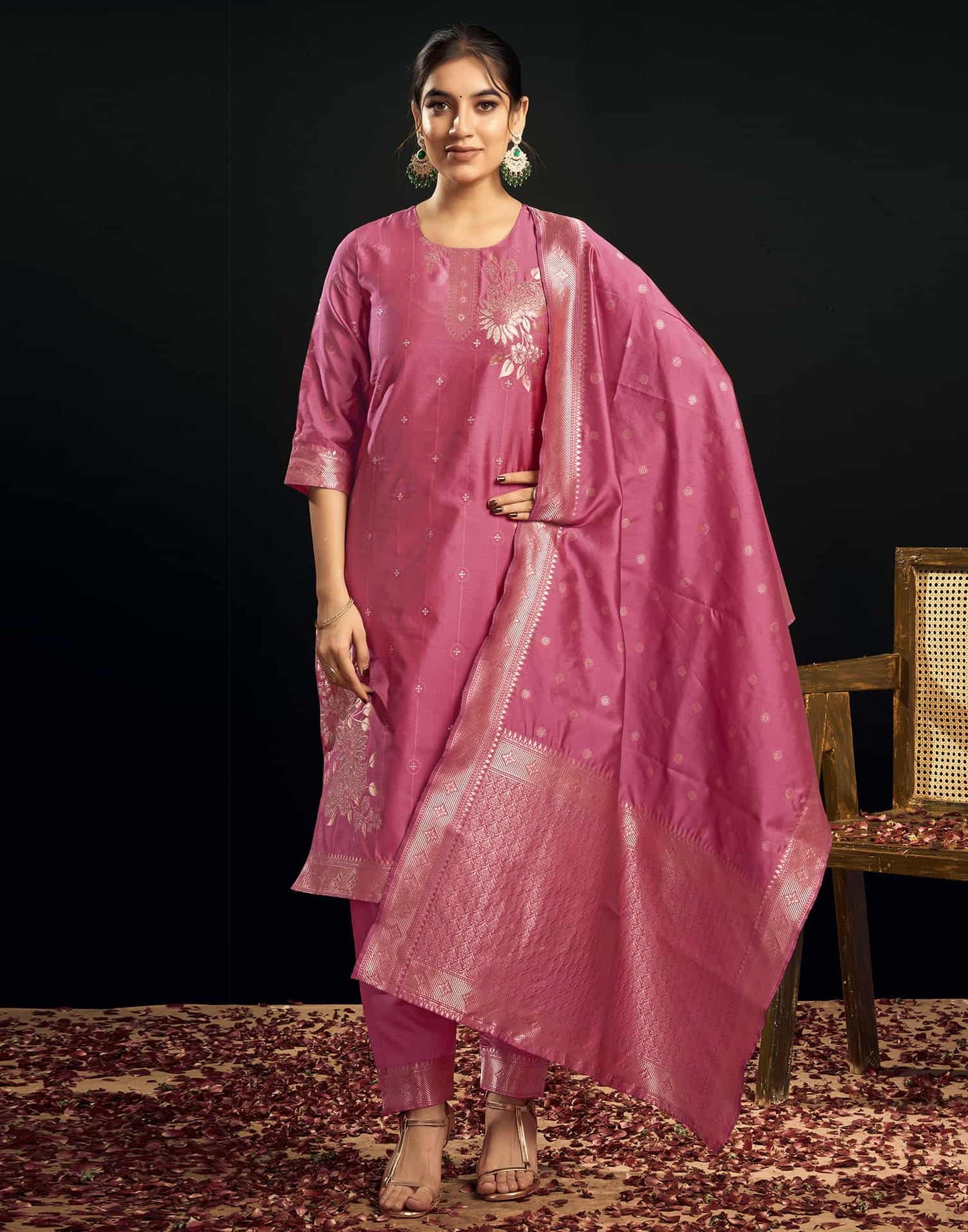 Silk Blend Jacquard Work Straight Kurta with Pant & Dupatta