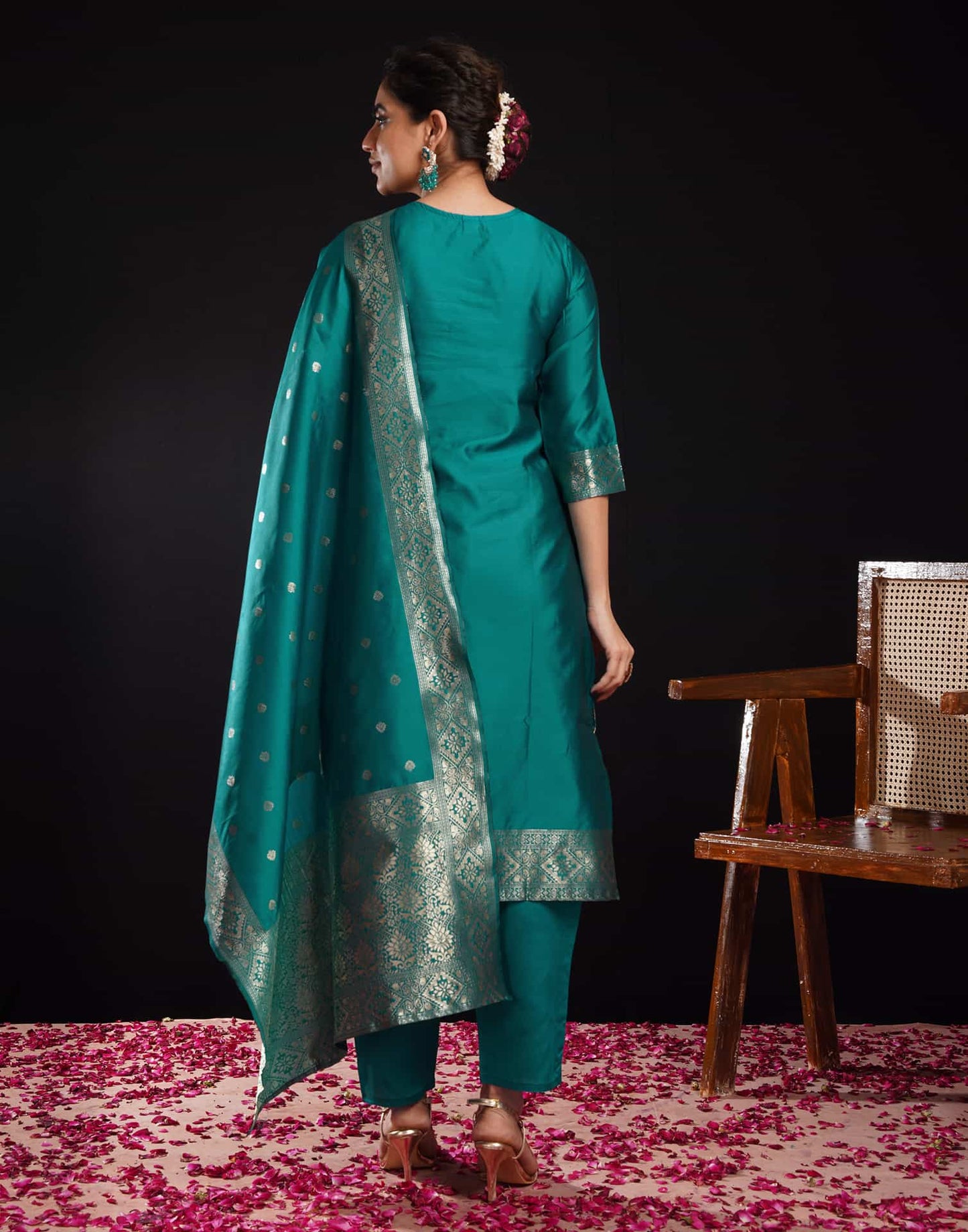 Silk Blend Jacquard Work Straight Kurta with Pant & Dupatta