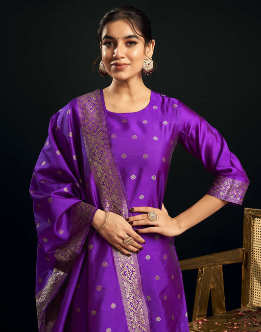 Silk Blend Jacquard Work Straight Kurta with Pant & Dupatta