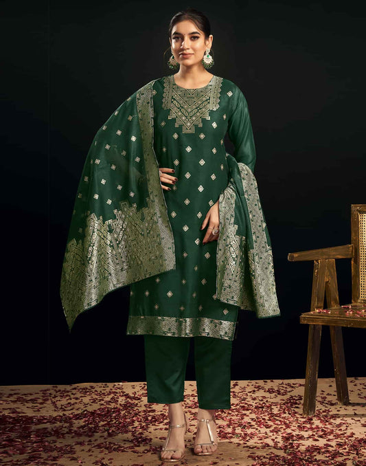 Silk Blend Jacquard Work Straight Kurta with Pant & Dupatta