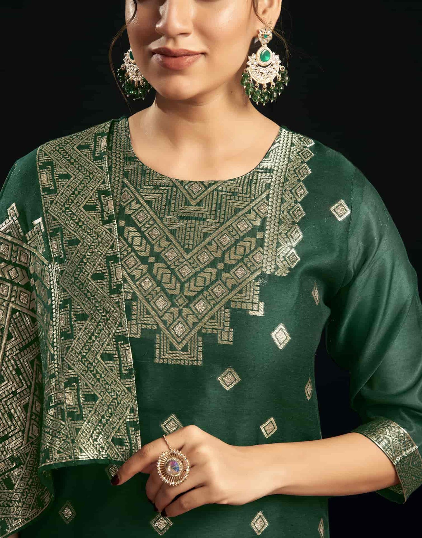 Silk Blend Jacquard Work Straight Kurta with Pant & Dupatta