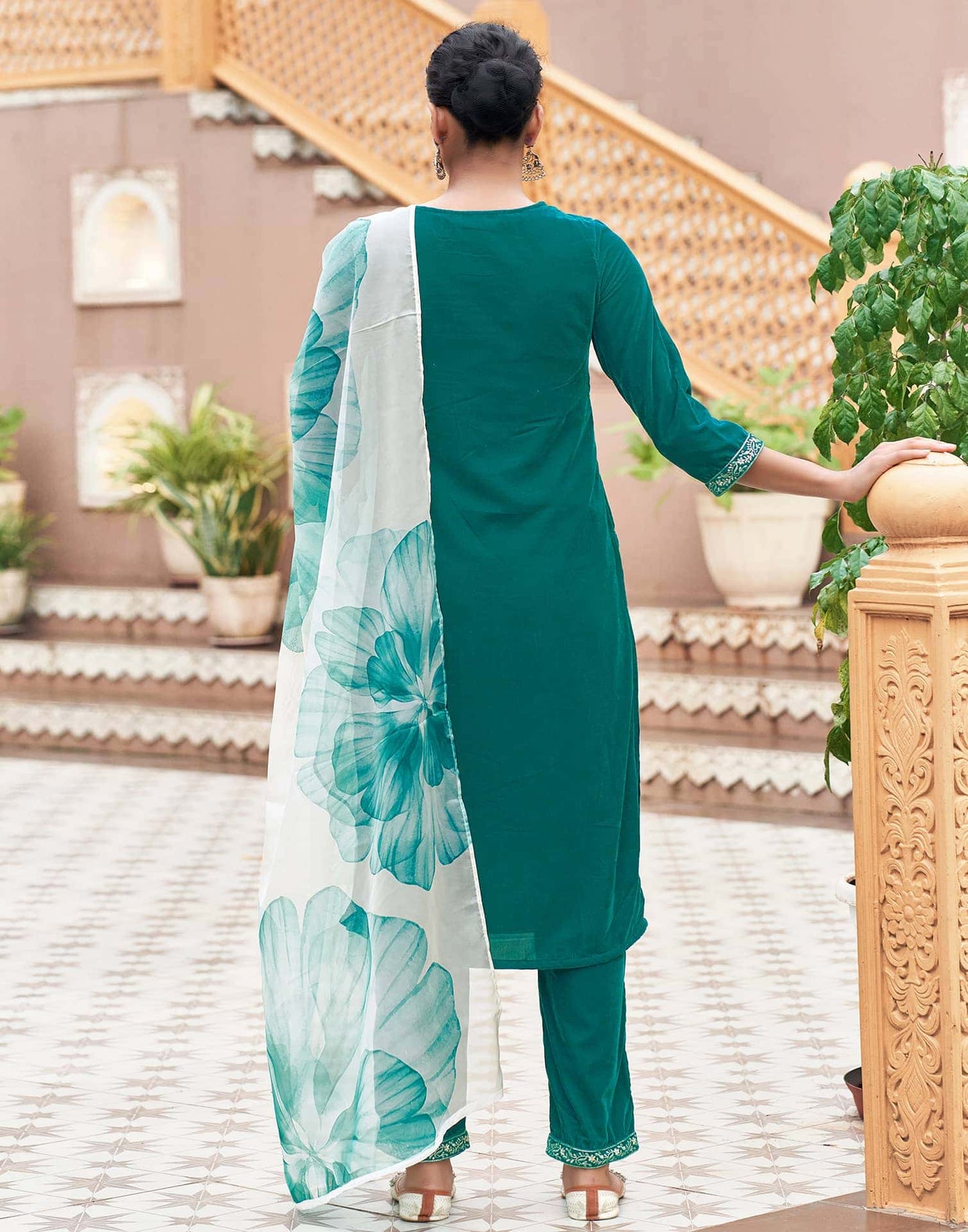 Velvet Dyed, Sequins, Embroidery and Lace Straight Kurta with Pant & Dupatta