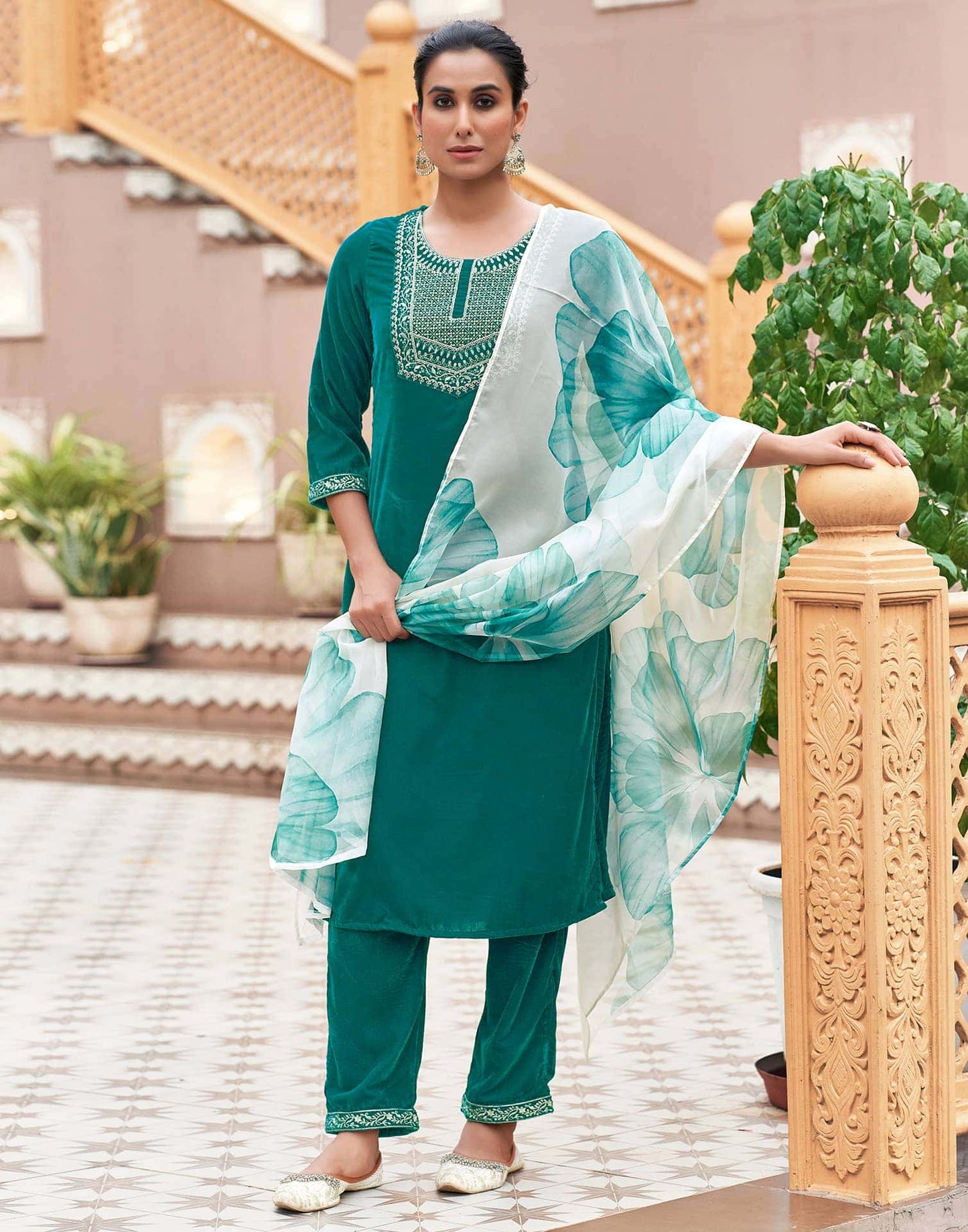 Velvet Dyed, Sequins, Embroidery and Lace Straight Kurta with Pant & Dupatta