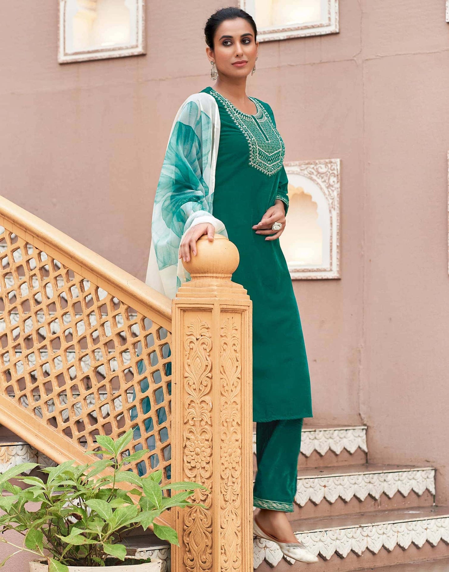 Velvet Dyed, Sequins, Embroidery and Lace Straight Kurta with Pant & Dupatta