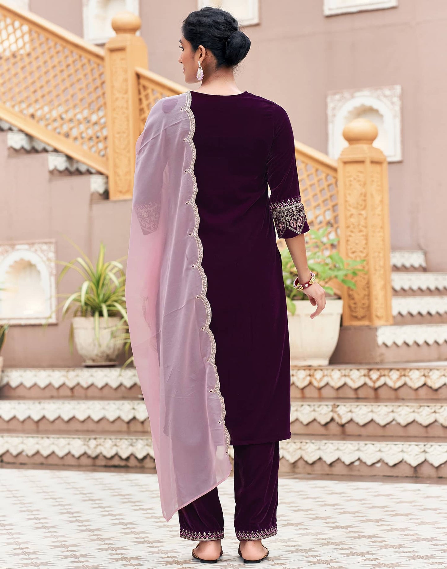 Affordable Wine velvet kurta set with pant dupatta and dupatta