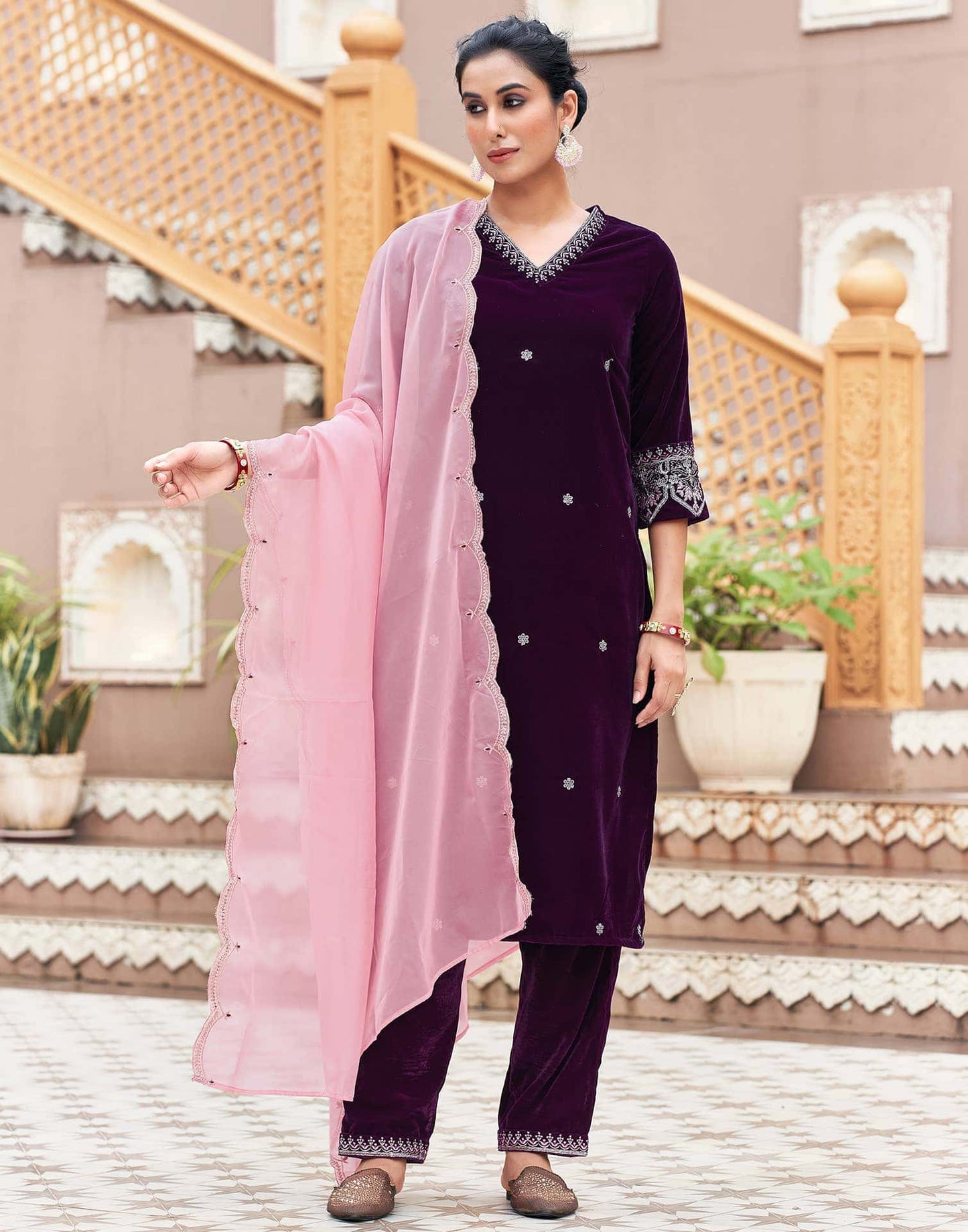 Velvet Dyed, Sequins, Embroidery and Lace Straight Kurta with Pant & Dupatta