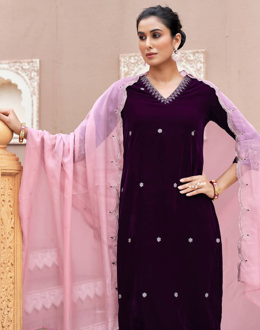 Affordable Wine velvet kurta set with pant dupatta and dupatta