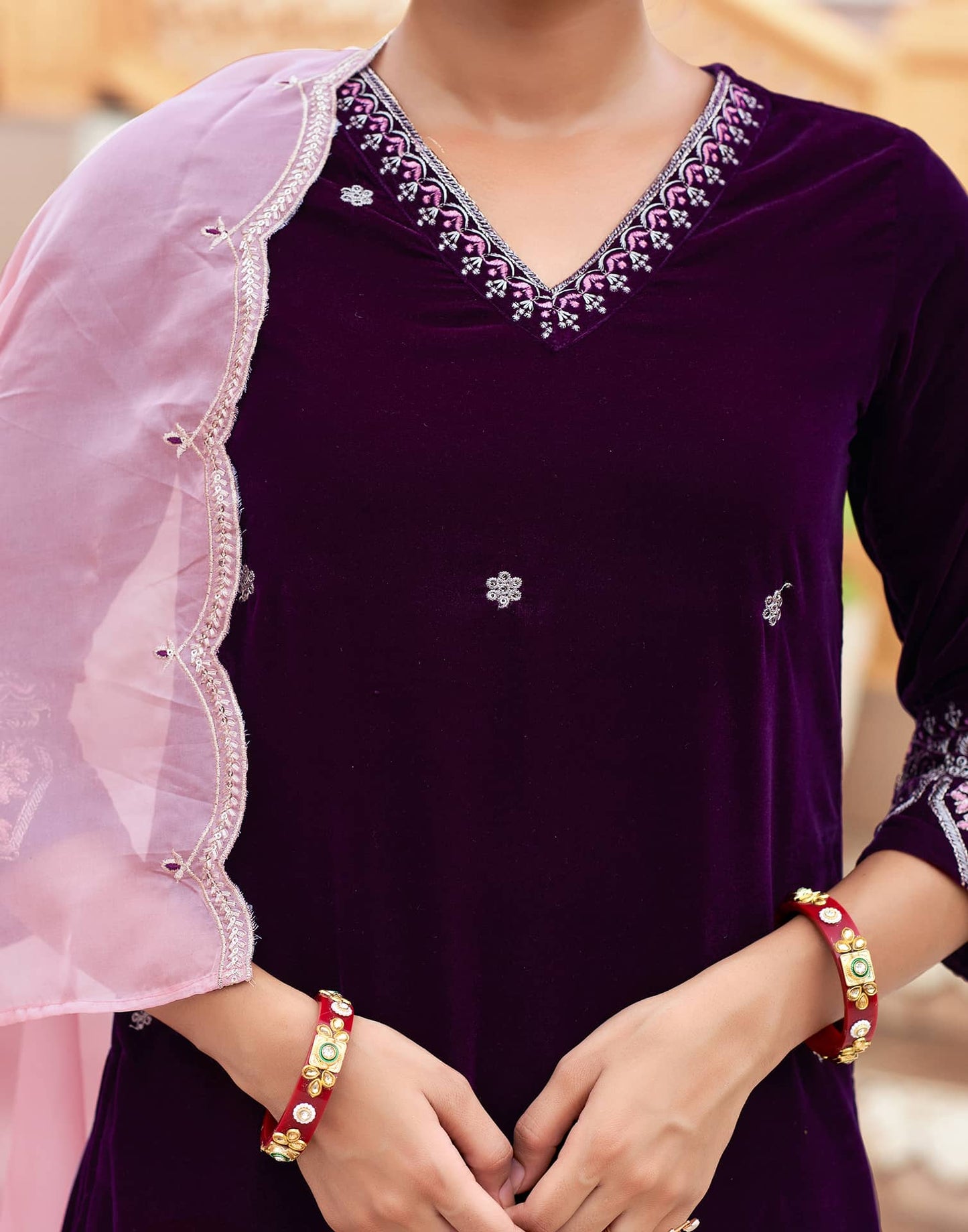 Velvet Dyed, Sequins, Embroidery and Lace Straight Kurta with Pant & Dupatta