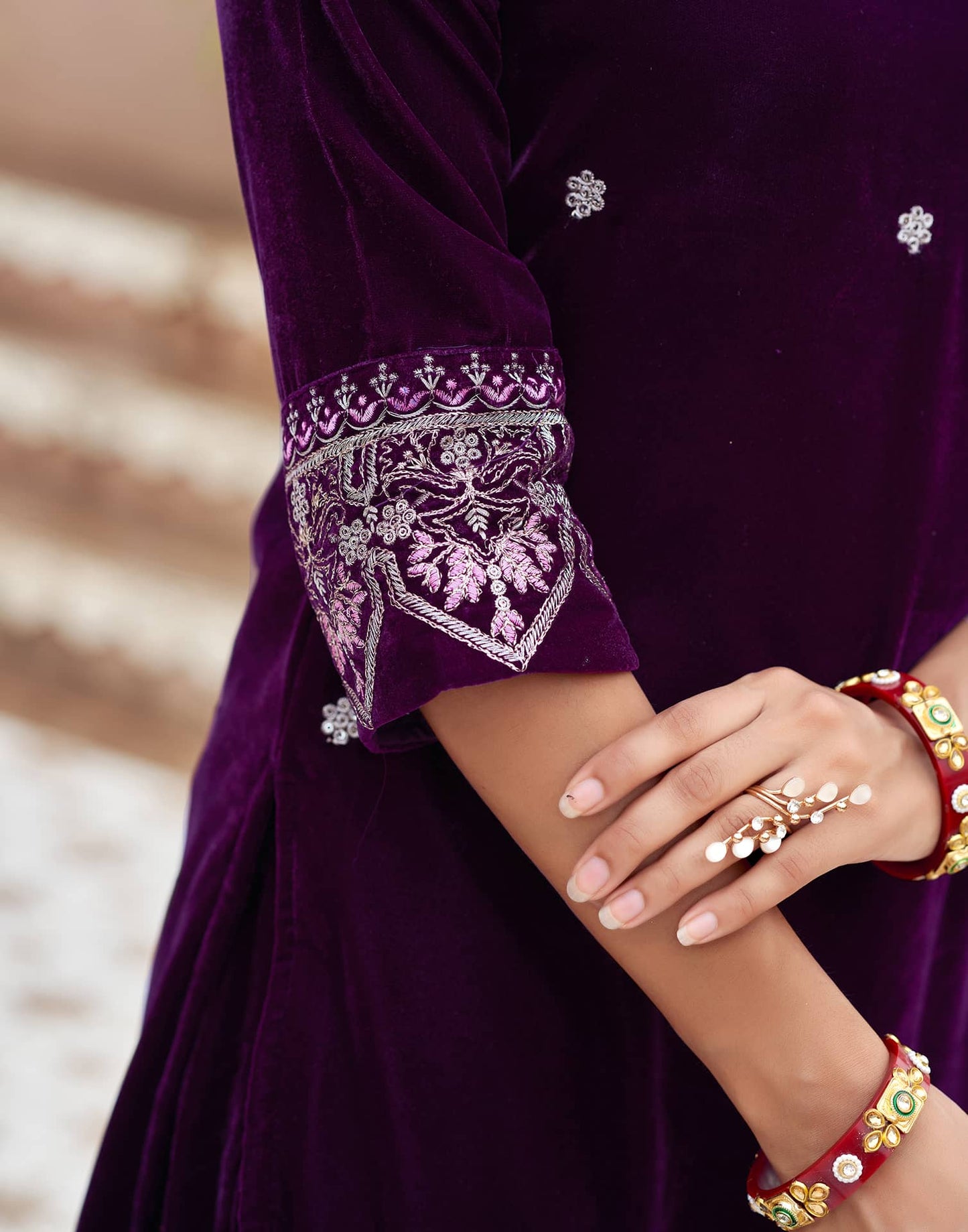 Velvet Dyed, Sequins, Embroidery and Lace Straight Kurta with Pant & Dupatta