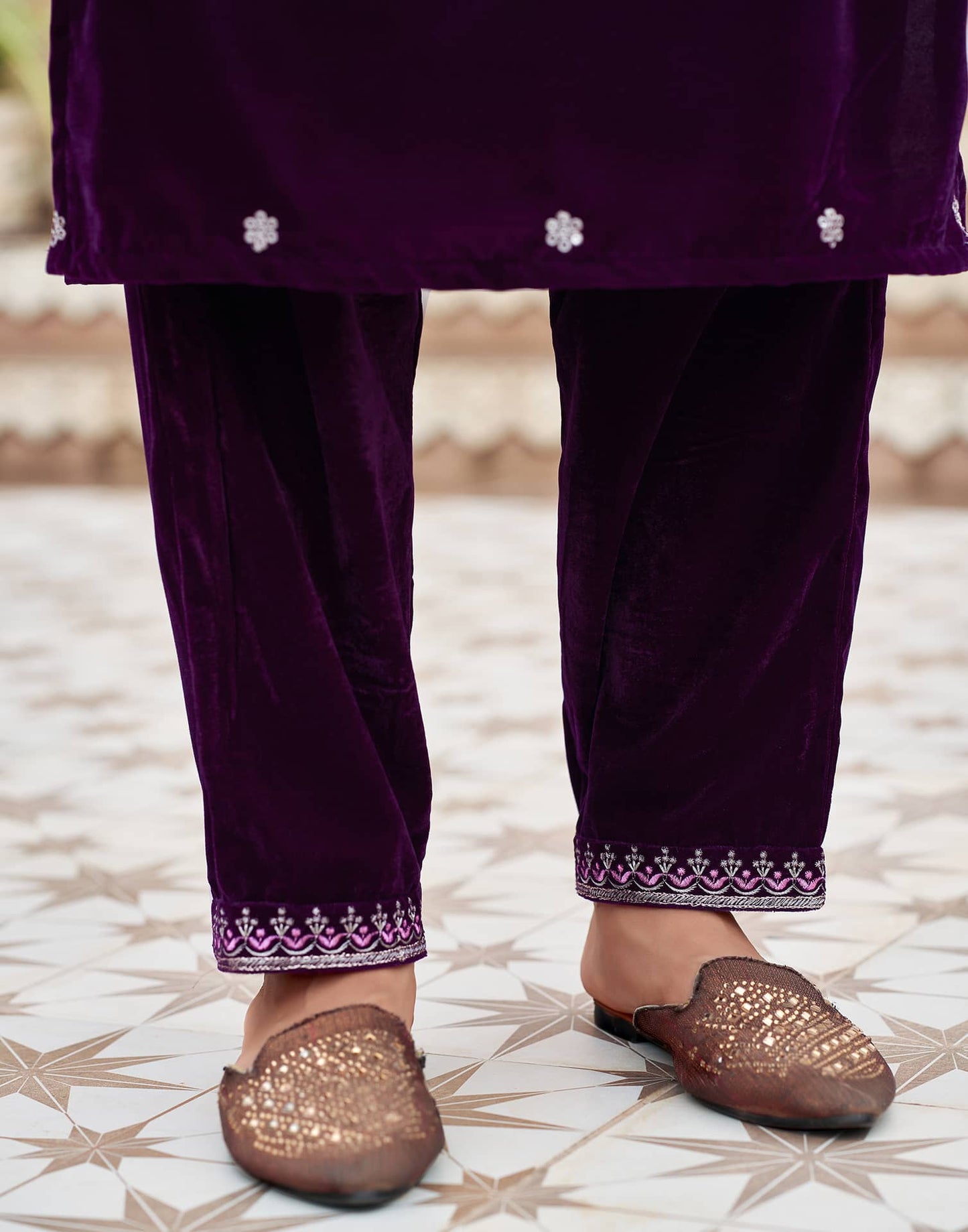 Velvet Dyed, Sequins, Embroidery and Lace Straight Kurta with Pant & Dupatta