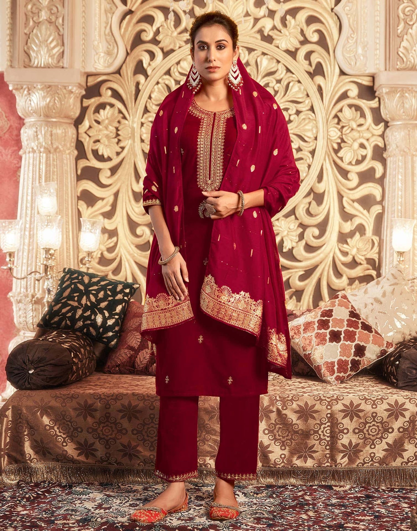 Velvet Sequins, Embroidery and Lace Straight Kurta with Pant & Dupatta