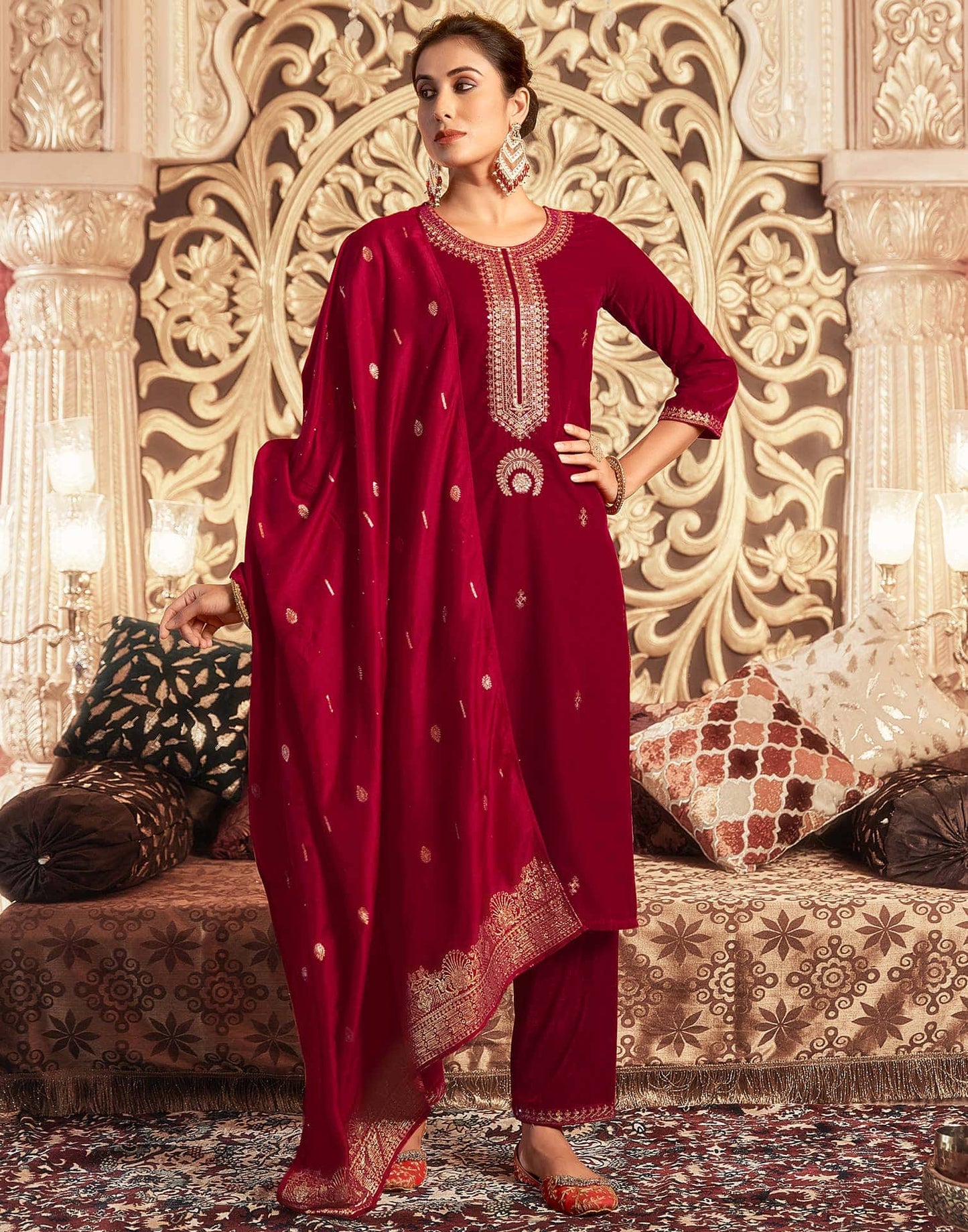Velvet Sequins, Embroidery and Lace Straight Kurta with Pant & Dupatta
