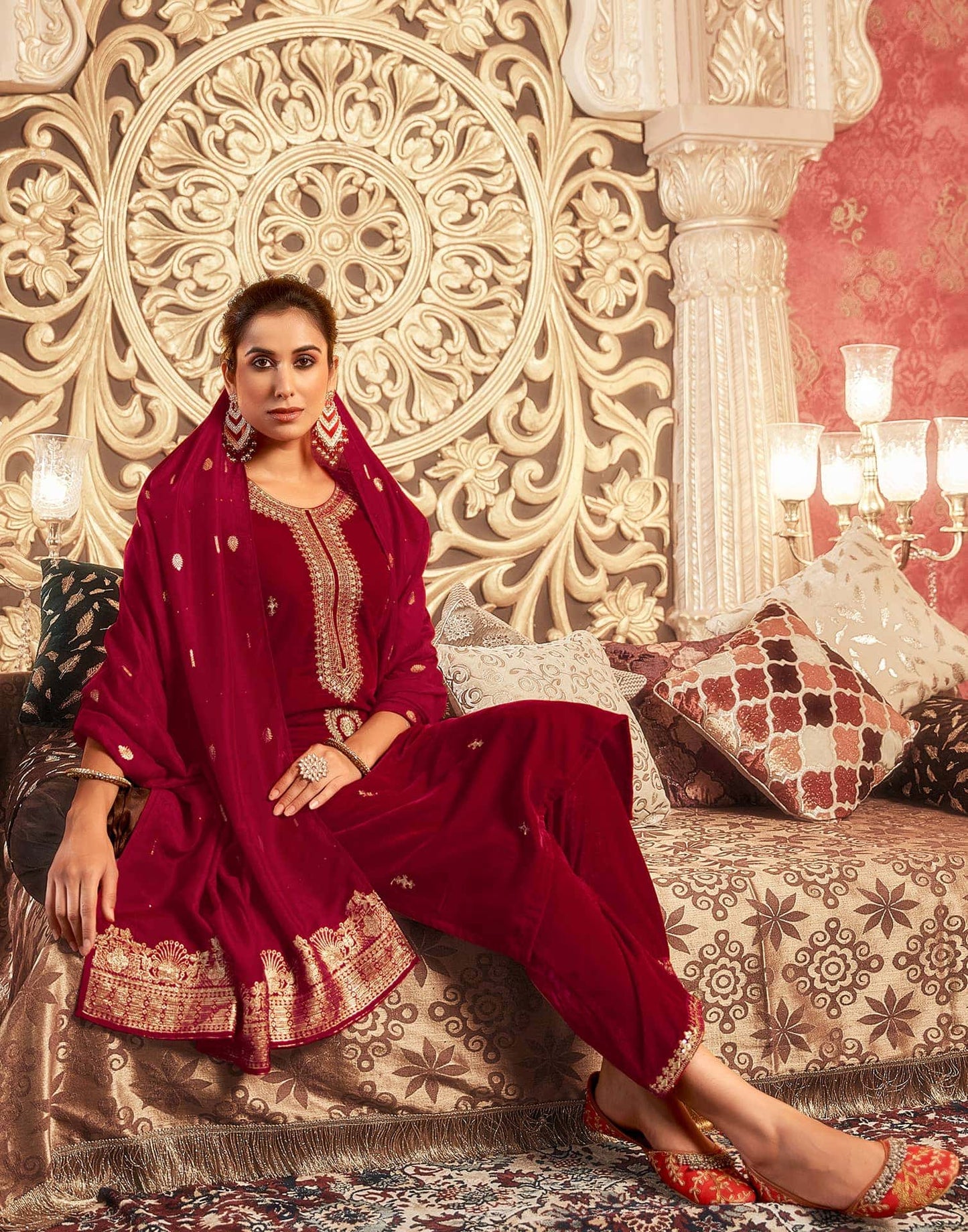 Velvet Sequins, Embroidery and Lace Straight Kurta with Pant & Dupatta