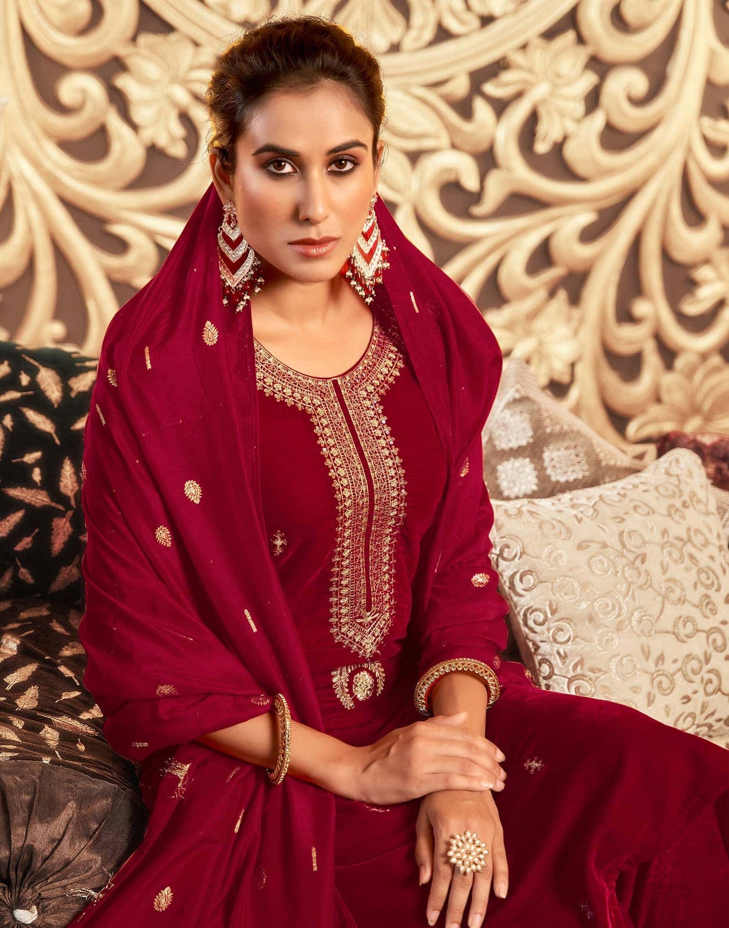 Velvet Sequins, Embroidery and Lace Straight Kurta with Pant & Dupatta